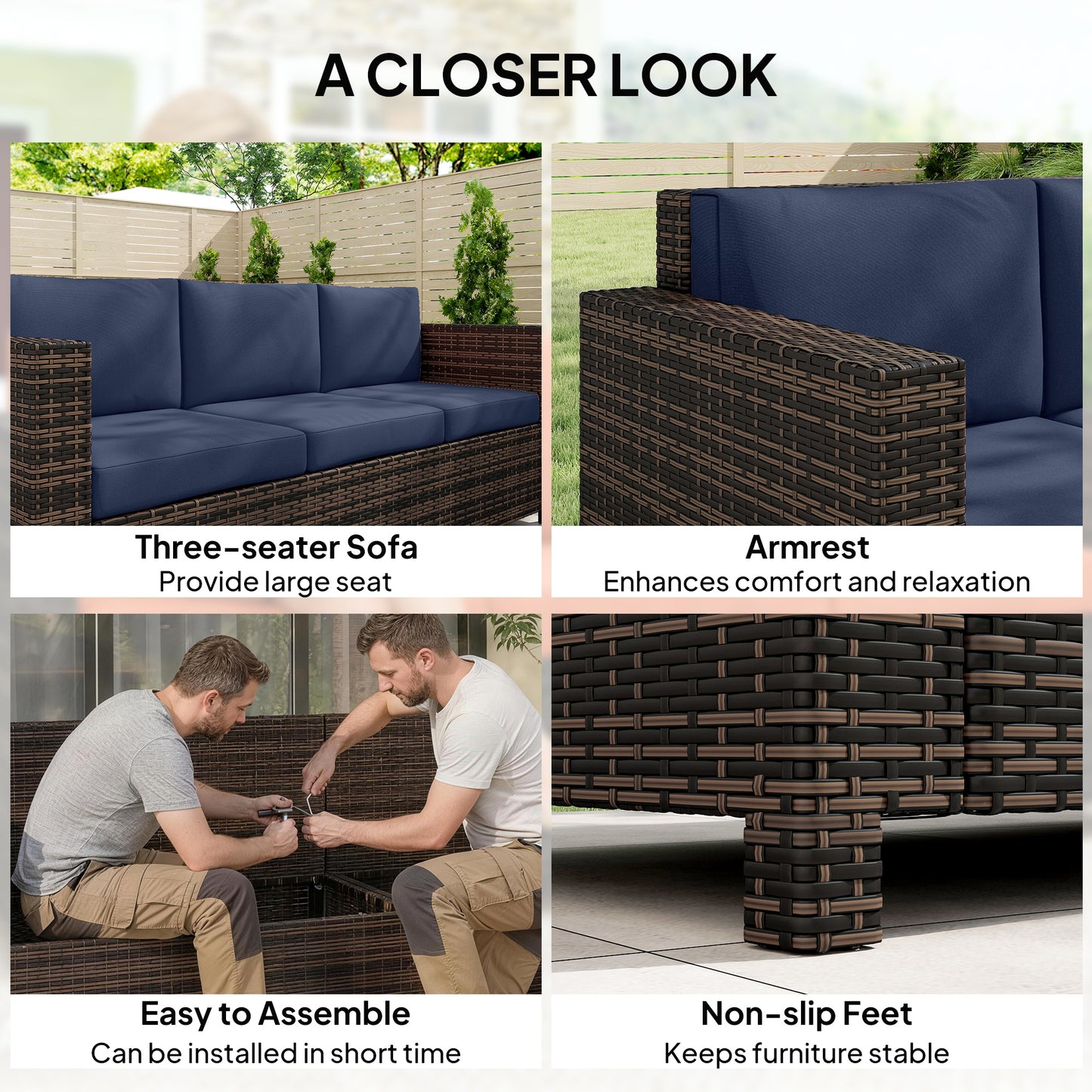 Outsunny 3 Seater Garden Rattan Sofa All Weather Wicker Weave With Steel Frame Water Resistant Cushions Dark Blue