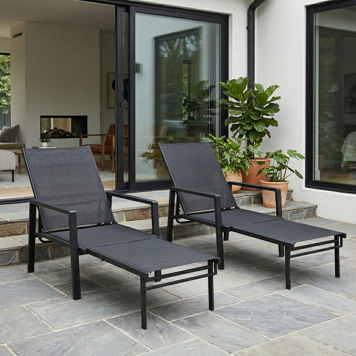 Outsunny Sun Loungers Set Of Two With Retractable Footrest And 5 Position Adjustable Steel Frame For Outdoor Use Black