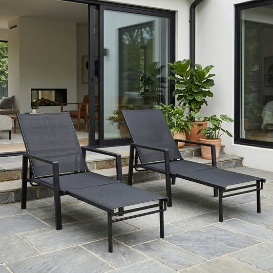 Outsunny Sun Loungers Set Of Two With Retractable Footrest And 5 Position Adjustable Steel Frame For Outdoor Use Black