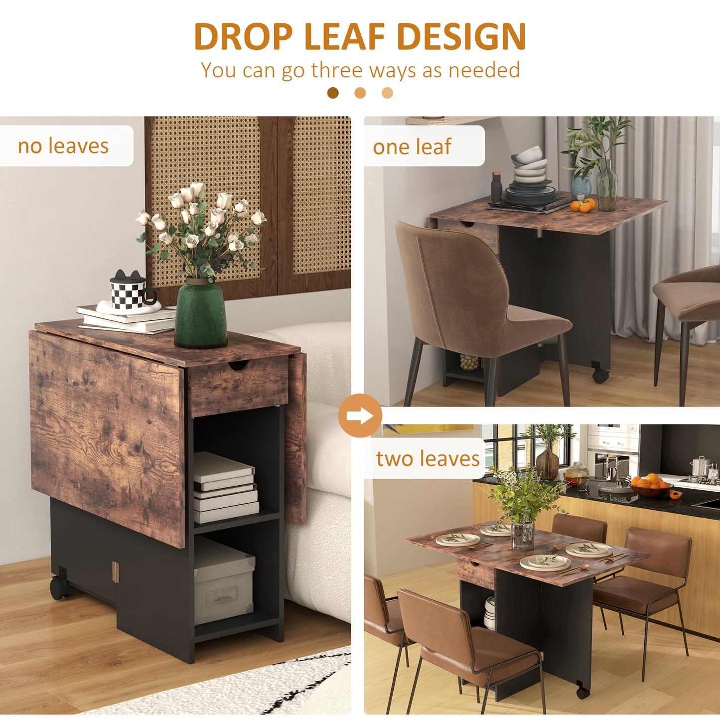 HOMCOM Folding Dining Table With Drop Leaves For Small Spaces Drawer And Storage Shelves Rustic Brown Finish