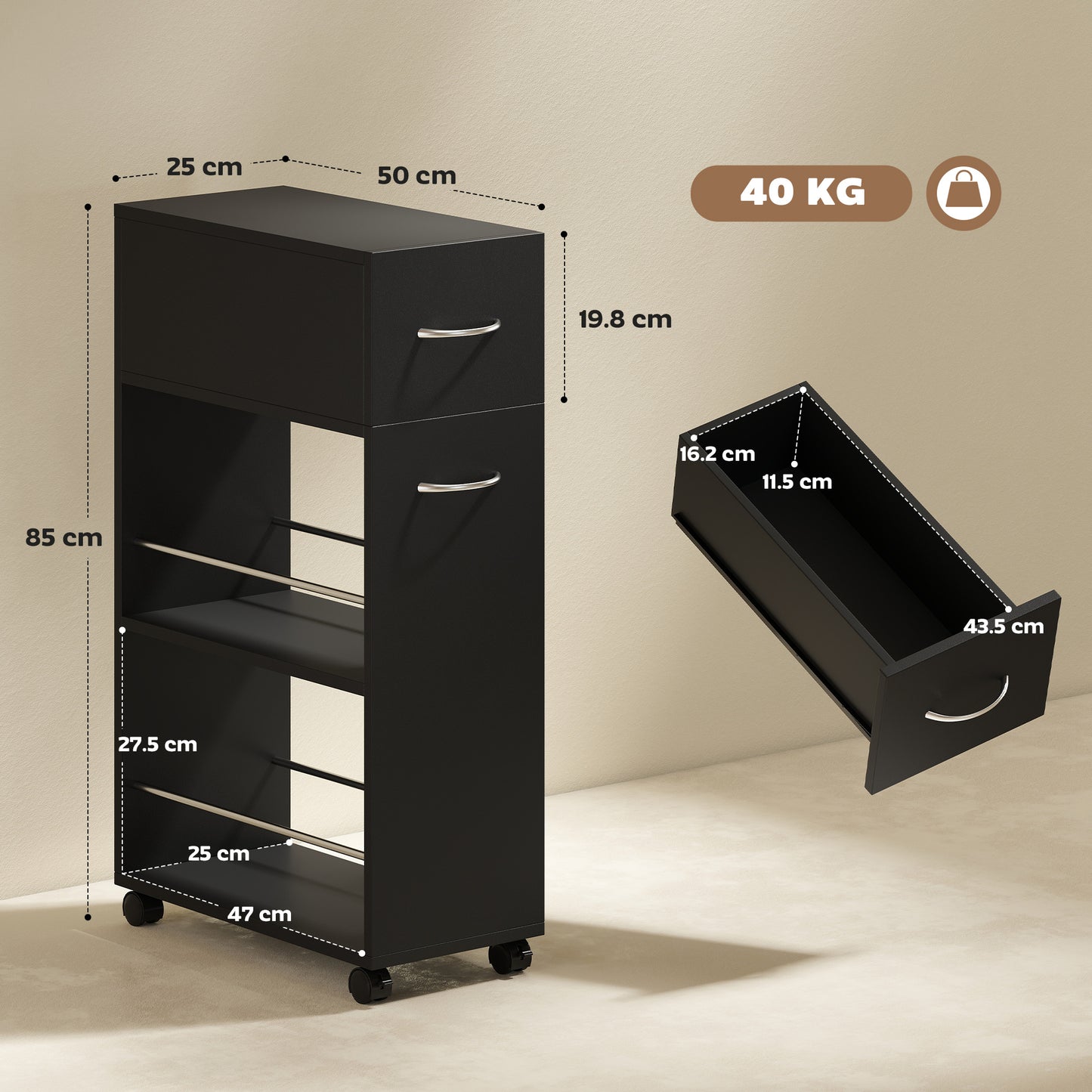 HOMCOM Rolling Storage Cart 3 Tier Kitchen Trolley With Drawer Surface Top And 4 Universal Wheels Black