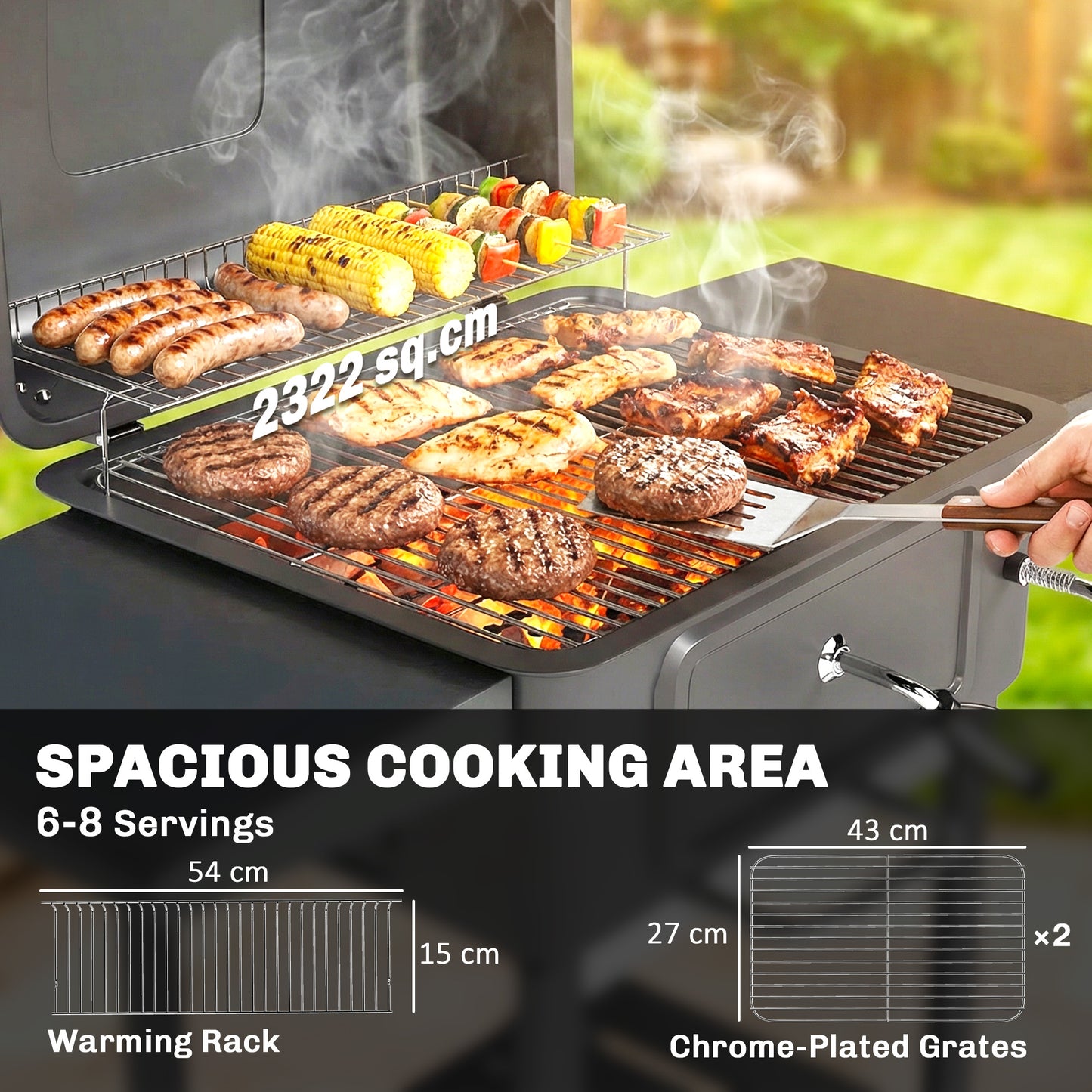 Outsunny Charcoal BBQ Grill With Adjustable Pan Large Outdoor Barbecue Smoker With Side Tables Temperature Control