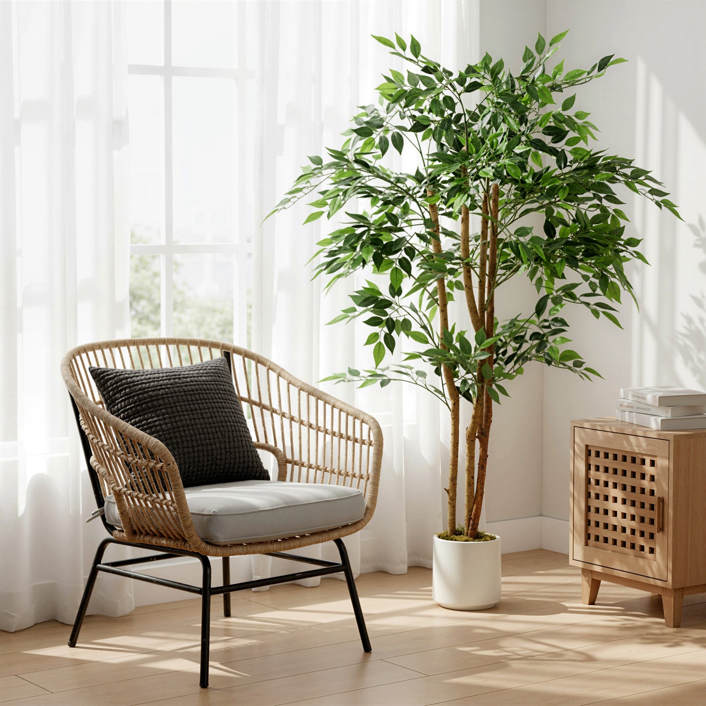 HOMCOM 150cm Artificial Ficus Tree With Solid Wood Trunk In White Pot For Indoor Decor Green Foliage