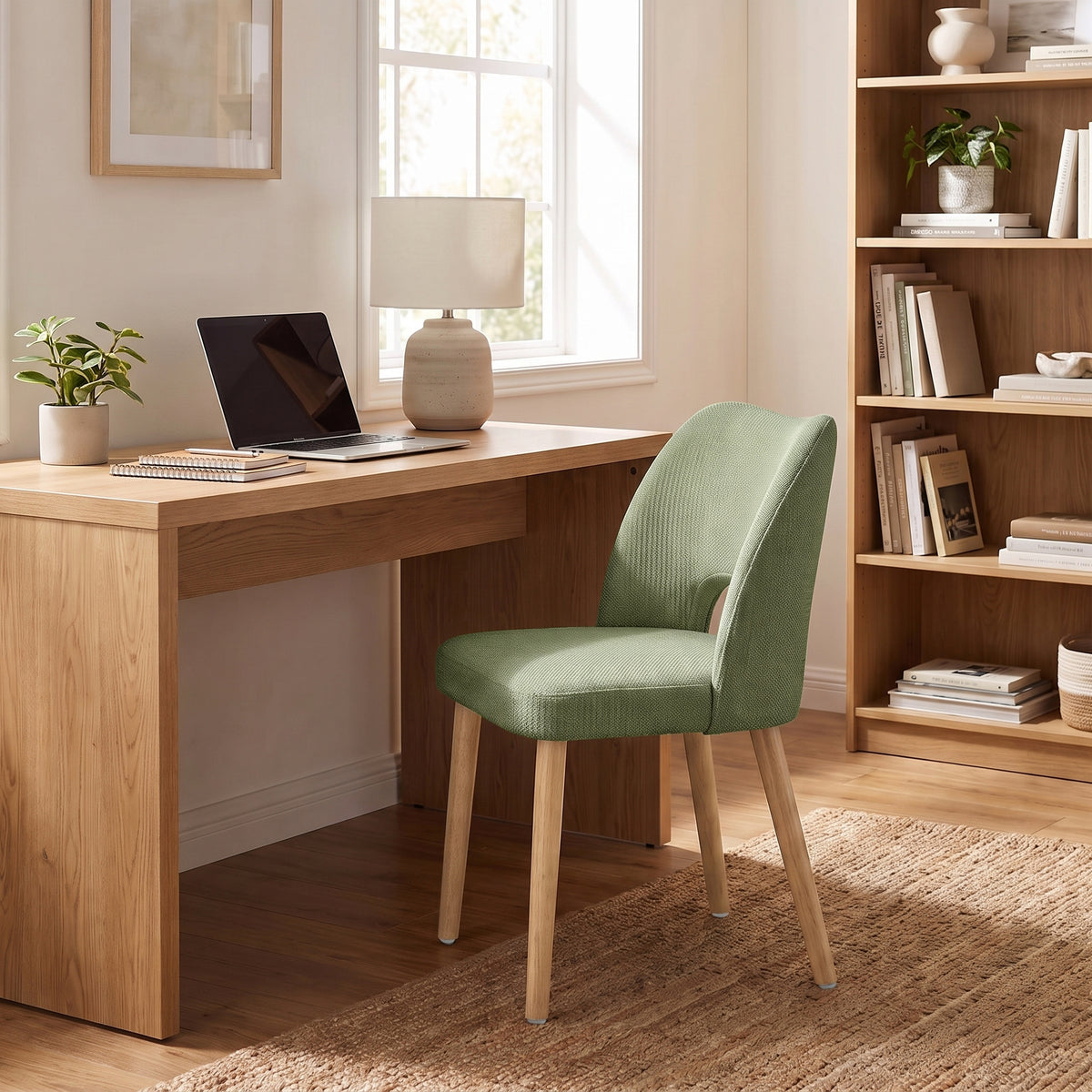 Green chenille desk chair with curved back and light wood legs