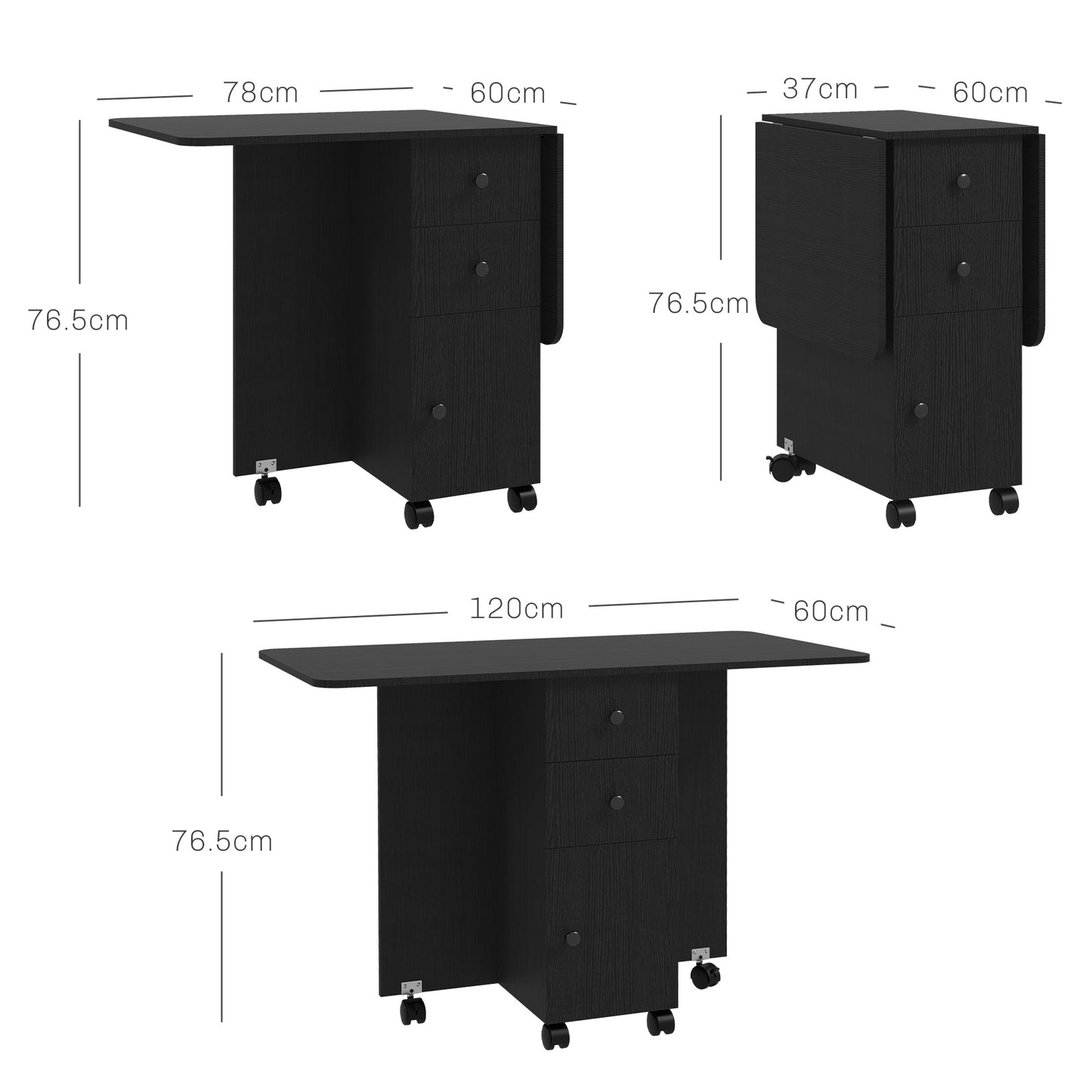 HOMCOM Multi Storage Six Person Drop Leaf Dining Table Distressed Black With Lift Up Tabletops And Built Storage Drawers