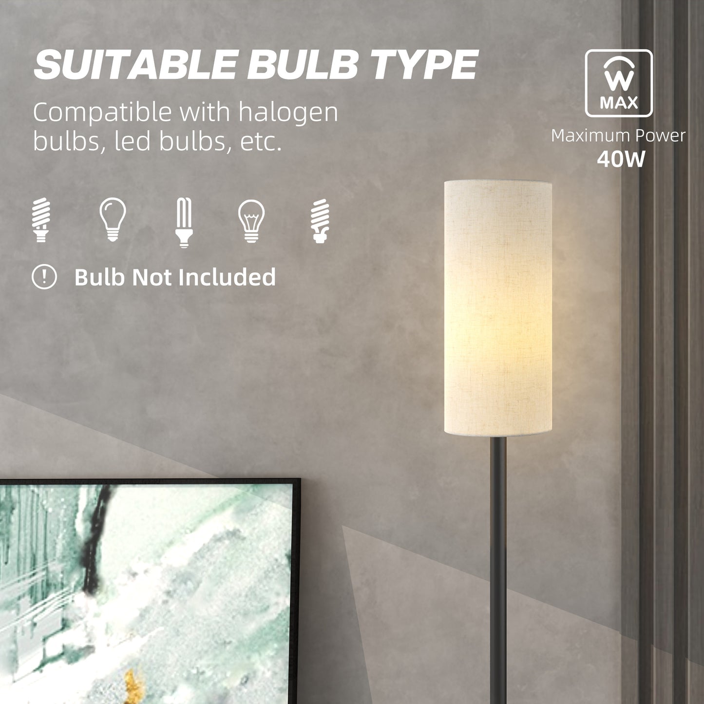 HOMCOM Floor Lamp For Living Room Modern Standing Lamp With Linen Shade And Foot Switch Minimalist Tall Pole White