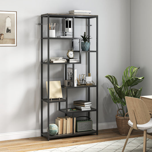 HOMCOM Seven Tier Geometric Bookcase Grey Black Metal Frame Bookshelf for Modern Home Decor
