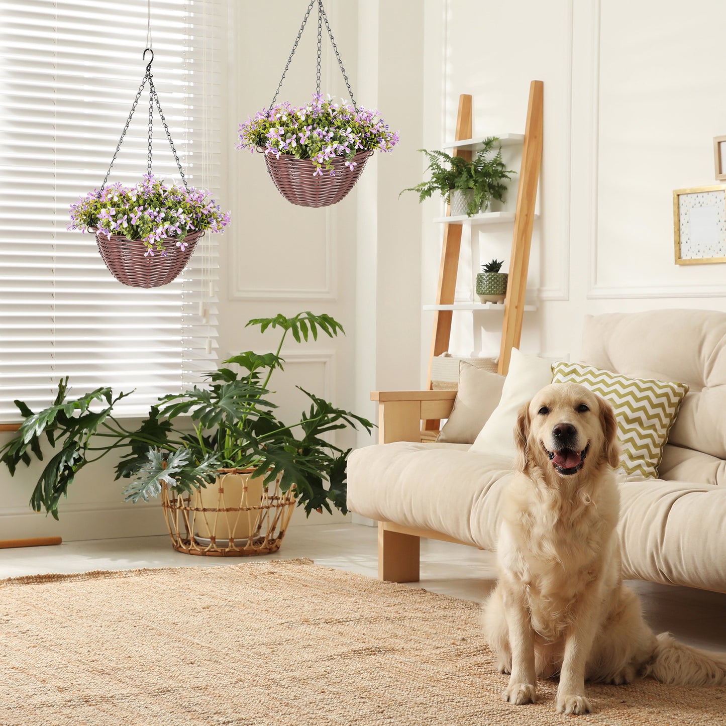 HOMCOM Set of 2 Purple Artificial Hanging Baskets with Lush Leaves and Flowers for Home and Office Decor