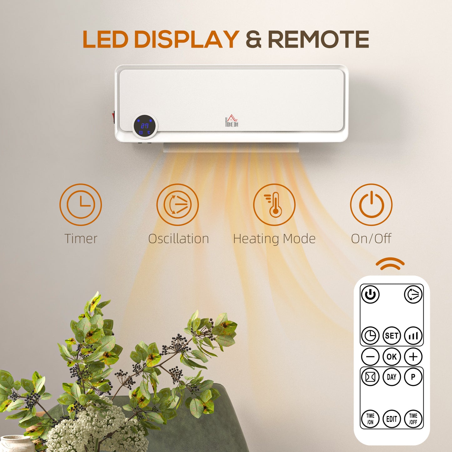 HOMCOM Wall Mounted Downflow Electric Space Heater With Timer Remote Oscillating 1000W 2000W White For Bedroom Office