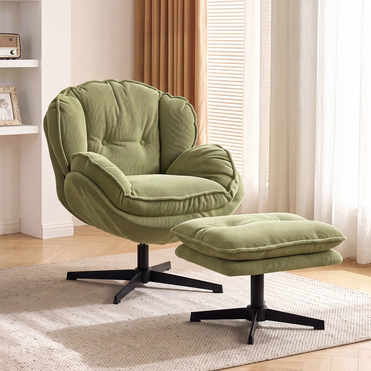 Green swivel armchair with thick cushioned seat and matching adjustable footstool