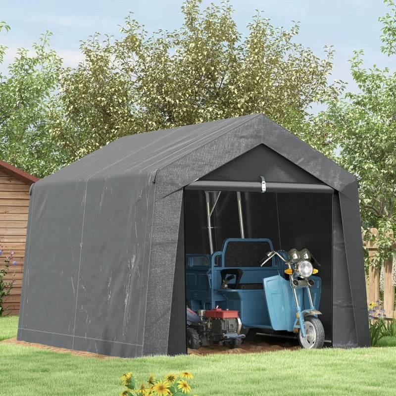 Gray waterproof portable storage shed tent with open front doorway and interior items