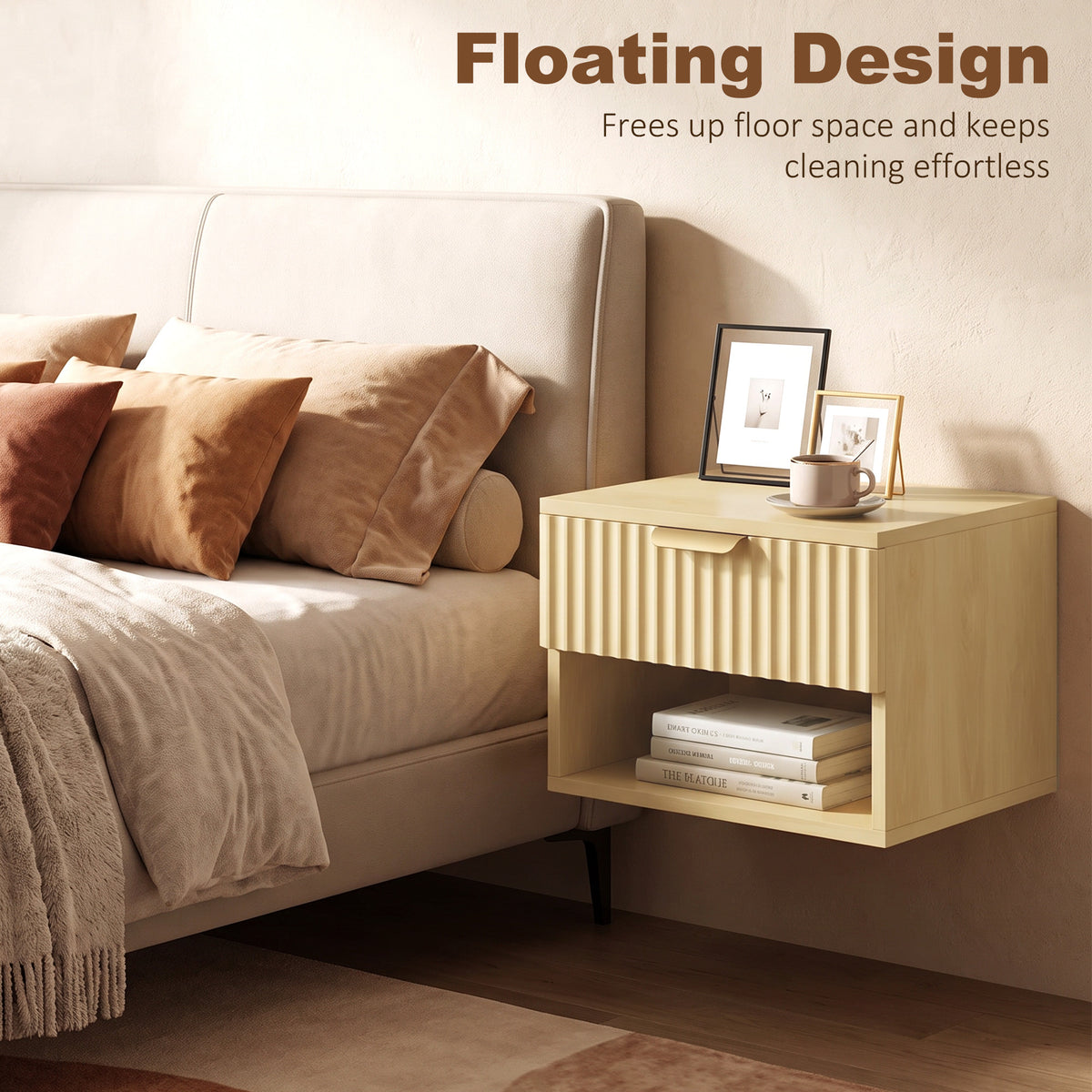 Modern Floating Nightstands Set Of 2 Wall Mounted Fluted Drawer Oak