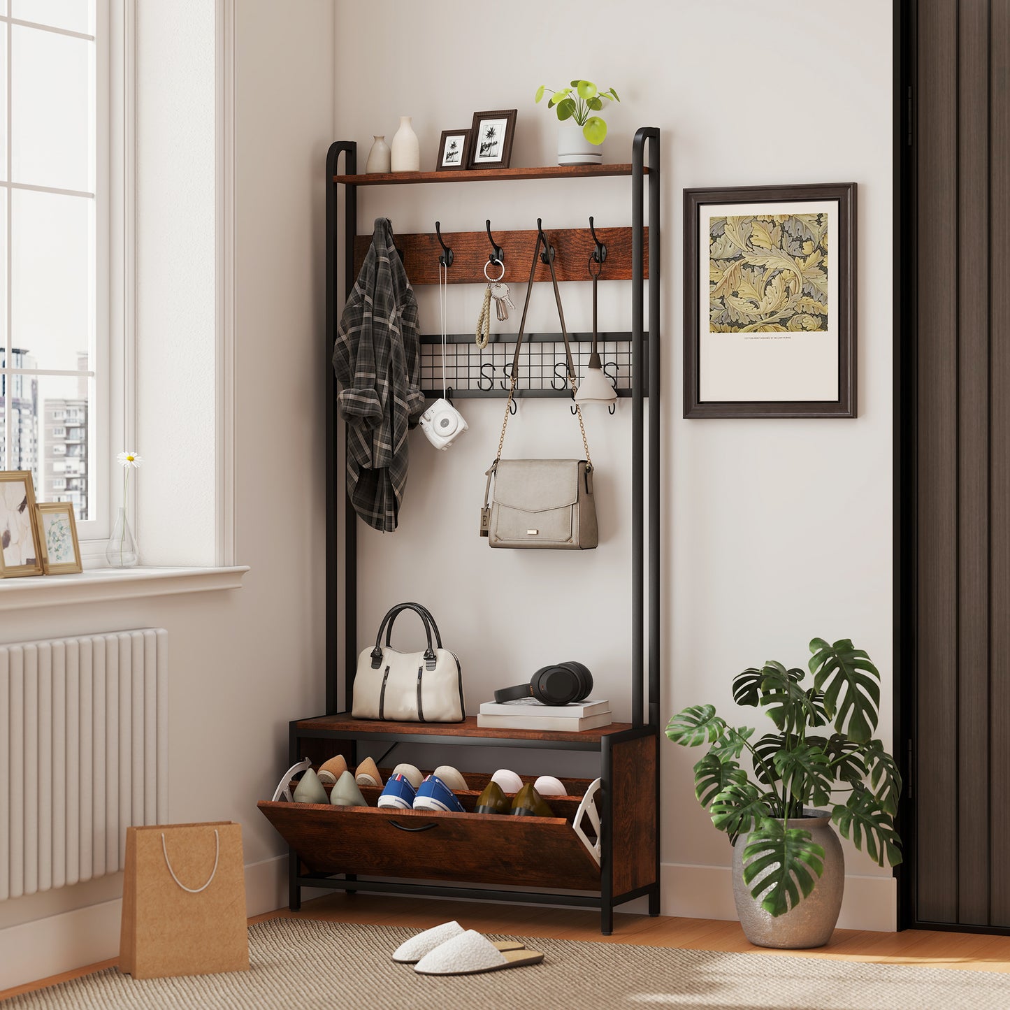HOMCOM 5-In-1 Industrial Style Hallway Tree With Bench Seat And Shoe Storage In Brown And Black