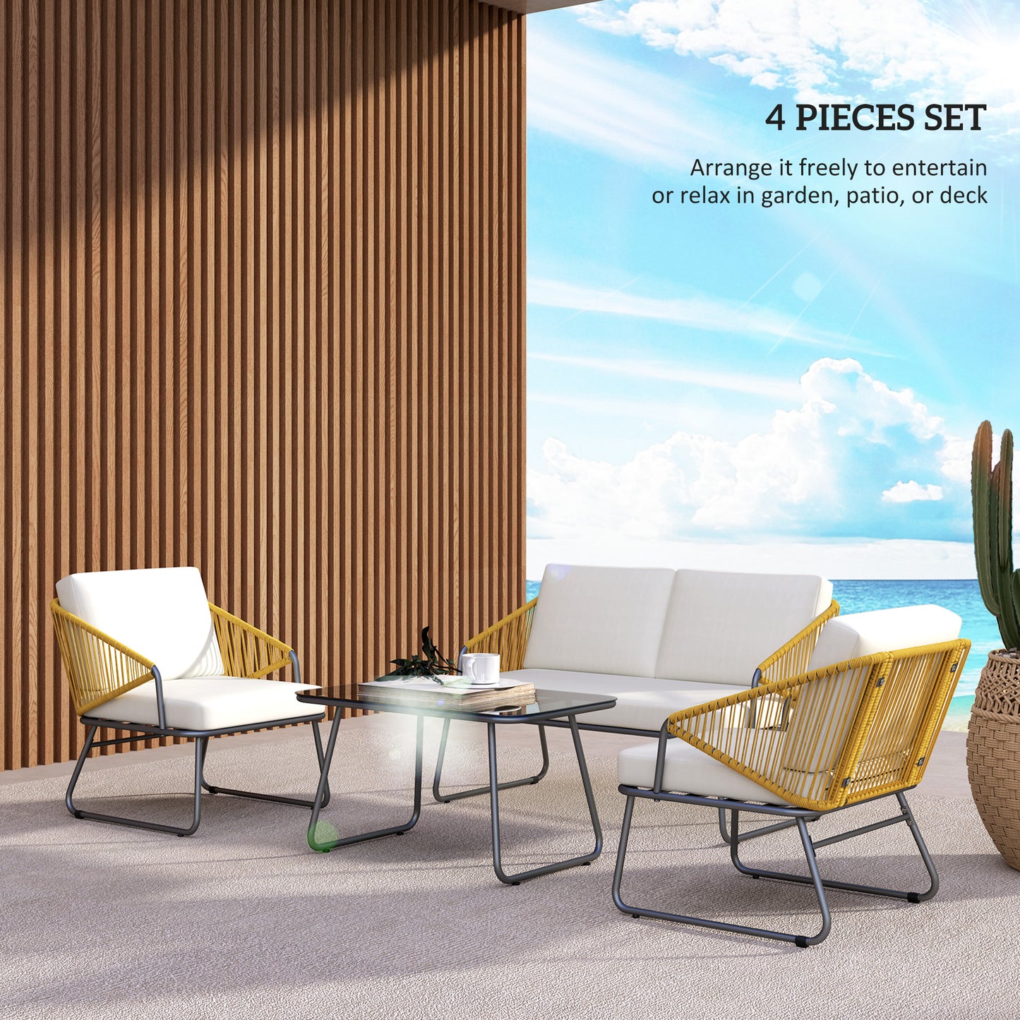 Outsunny Four Piece Rattan Outdoor Sofa Set With Coffee Table Natural Finish For Patio Powder Coated Steel Frame
