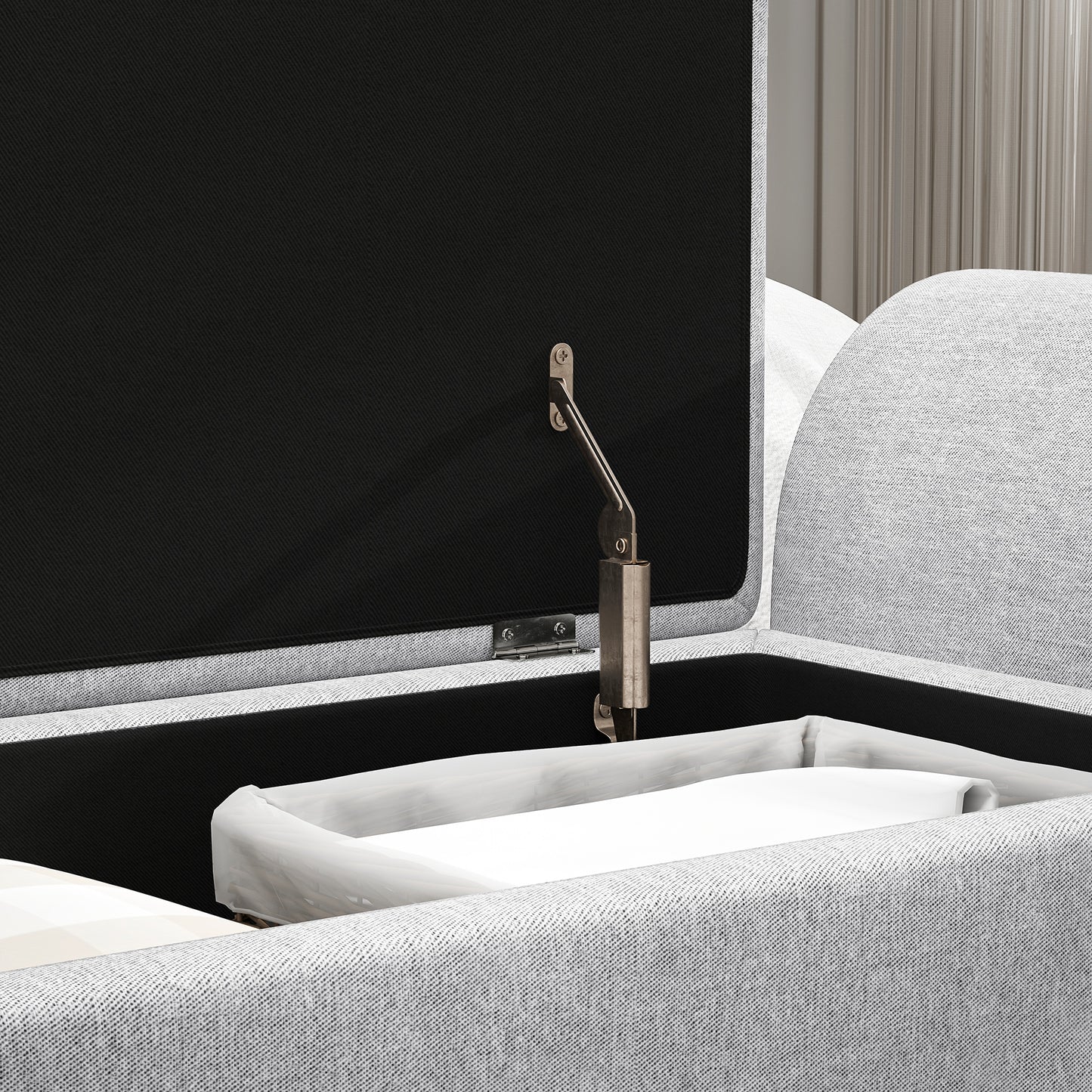 HOMCOM Linen Upholstered Storage Ottoman With Armrest Lift Top Window Seat Bench With Rubberwood Legs Light Grey