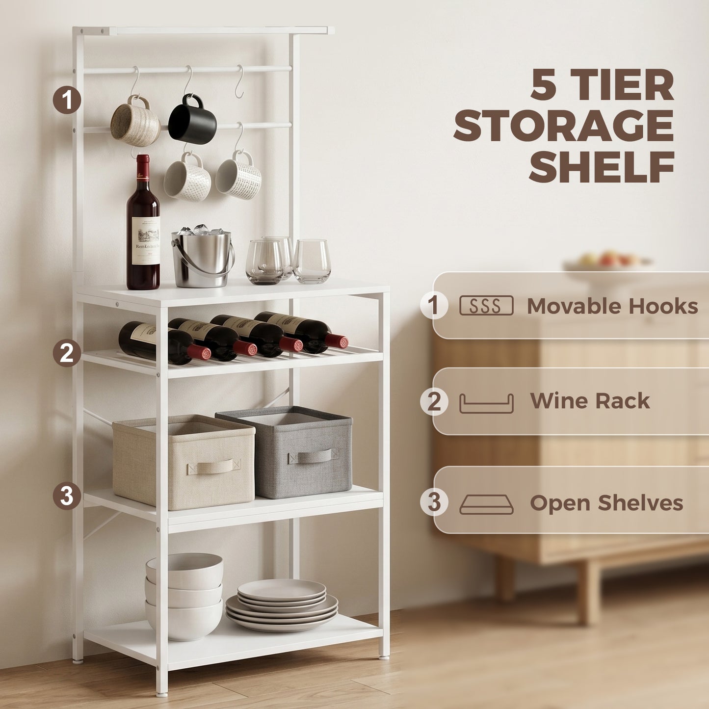 HOMCOM Freestanding Shelving Unit With Six Hooks And Wine Rack For Living Room And Home Office White