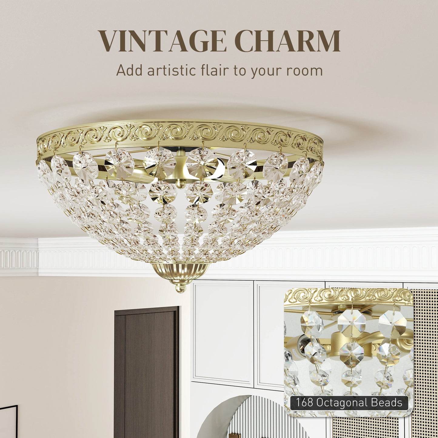HOMCOM Crystal Chandelier Ceiling Light 168 Octagonal Beads Vintage Two Light Flush Mount Gold Tone For Living Room
