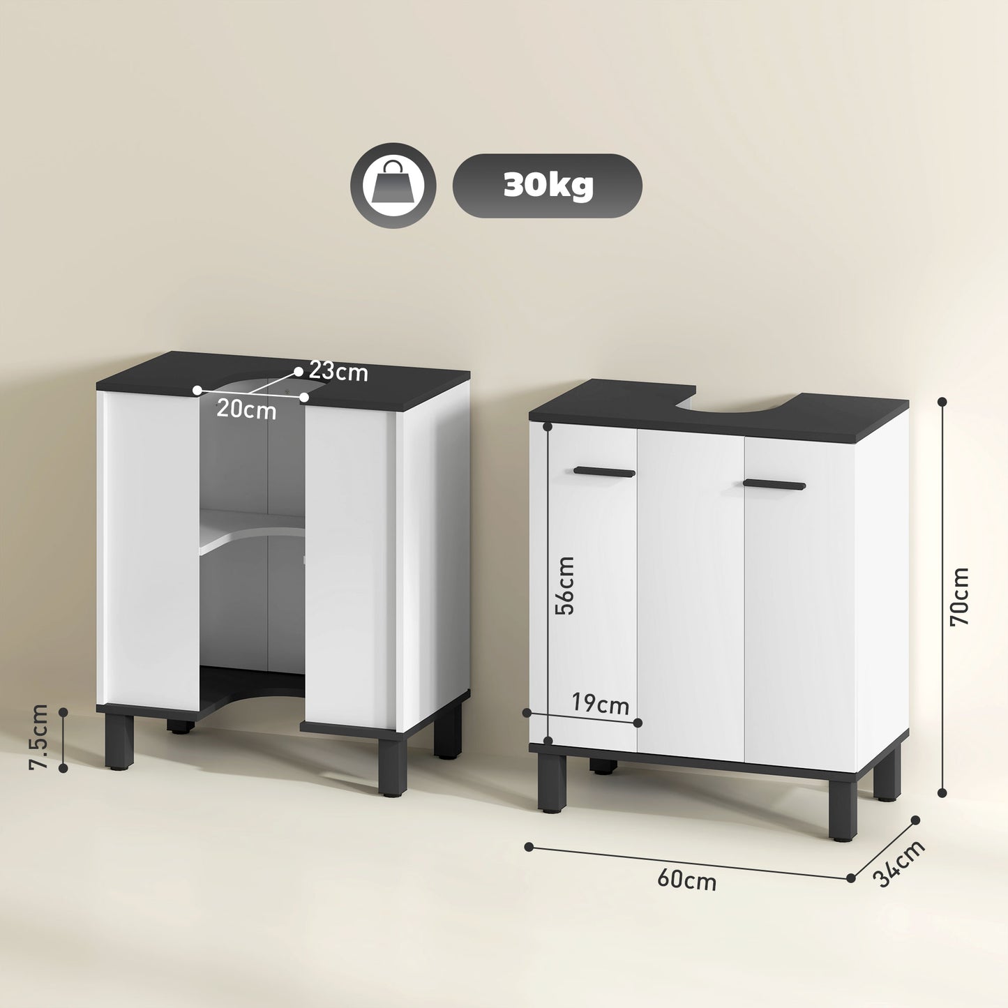 HOMCOM Modern Under Sink Bathroom Cabinet High Gloss White With Three Level Adjustable Shelf And U Cutout