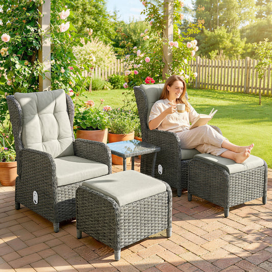 Outsunny 5 Piece Garden Furniture Set Rattan Reclining Chairs With Footstool And Cushions Set Of 2 For Balcony Cream