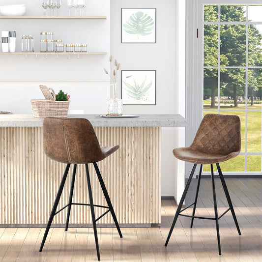 HOMCOM Set Of 2 Bar Stools Vintage Microfiber Tub Seats Padded Comfort Steel Frame With Footrest Quilted Brown