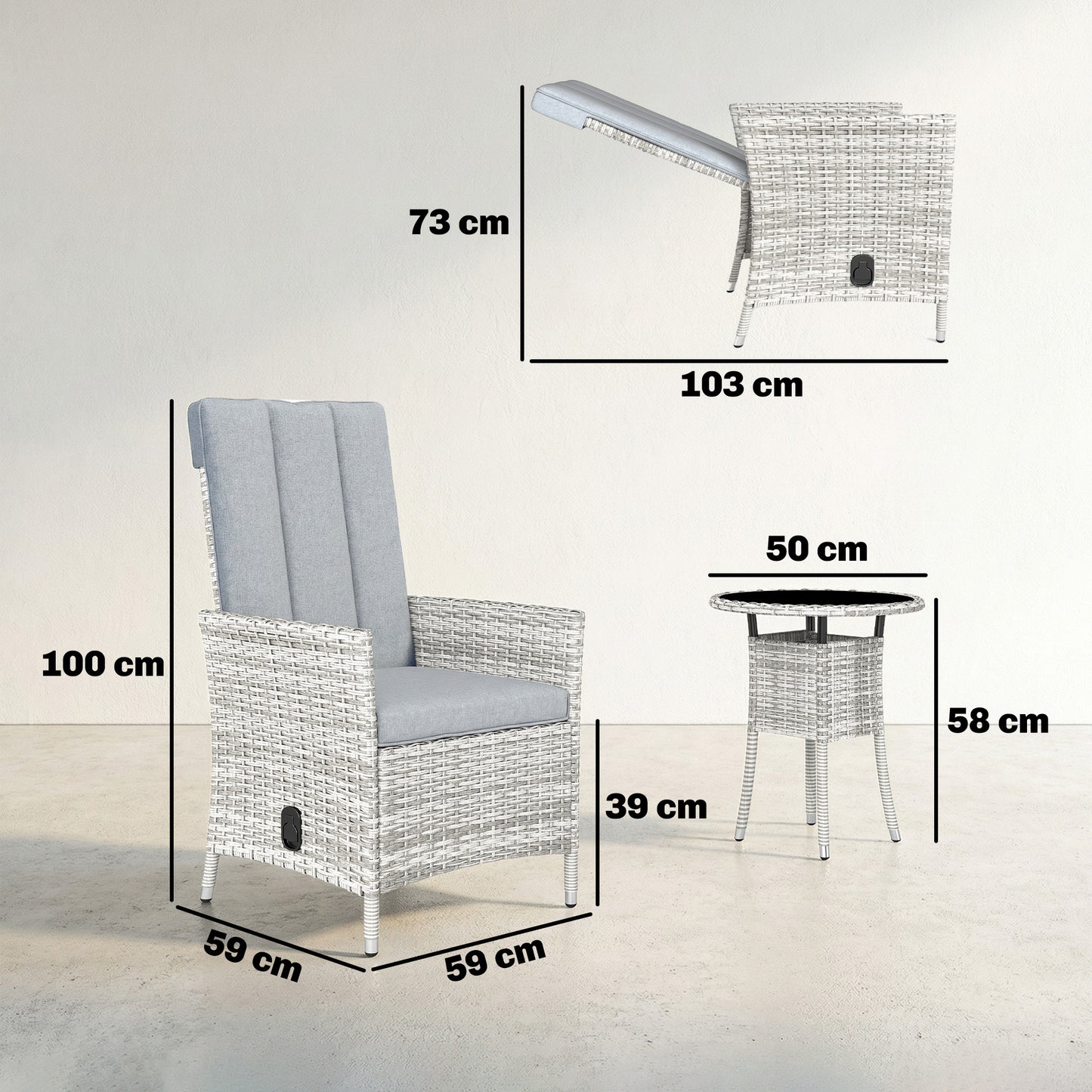 Outsunny Rattan Bistro Set With Reclining Garden Chairs Glass Coffee Table Cushions For Patio Balcony Light Grey