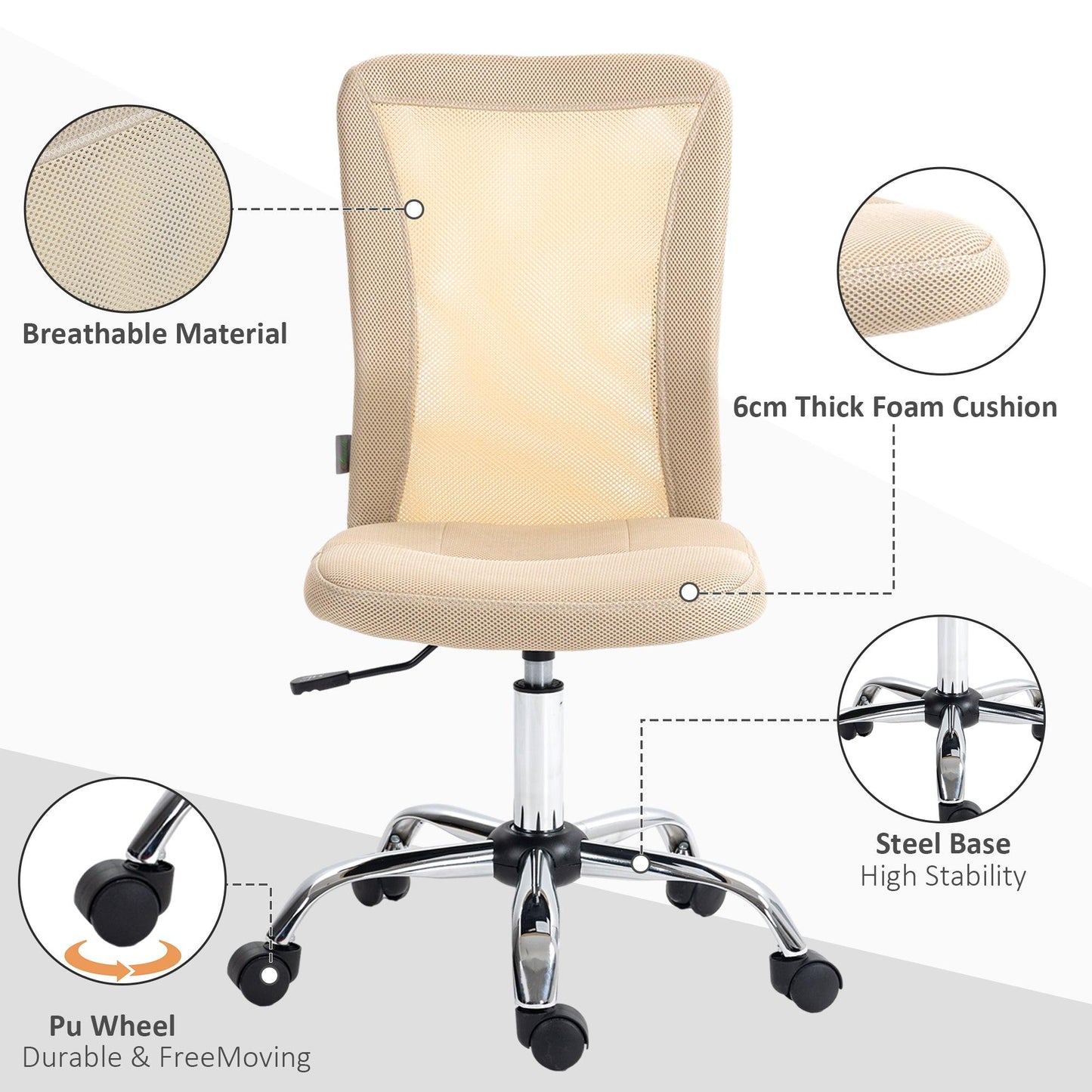 Vinsetto Beige Mesh Office Chair, Adjustable Height, Armless Study Chair - ALL4U RETAILER LTD