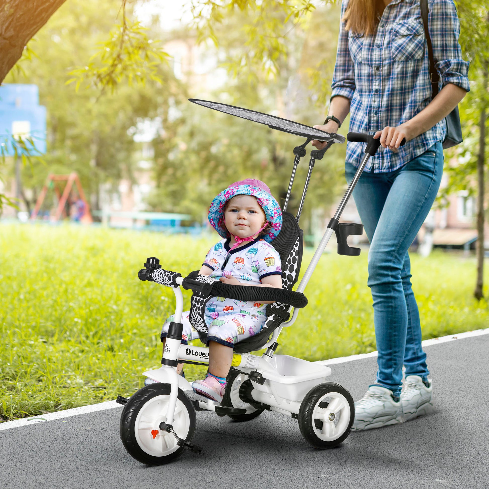 HOMCOM 6-in-1 Convertible Tricycle for Toddlers with Safety Harness and Removable Canopy, White - ALL4U RETAILER LTD