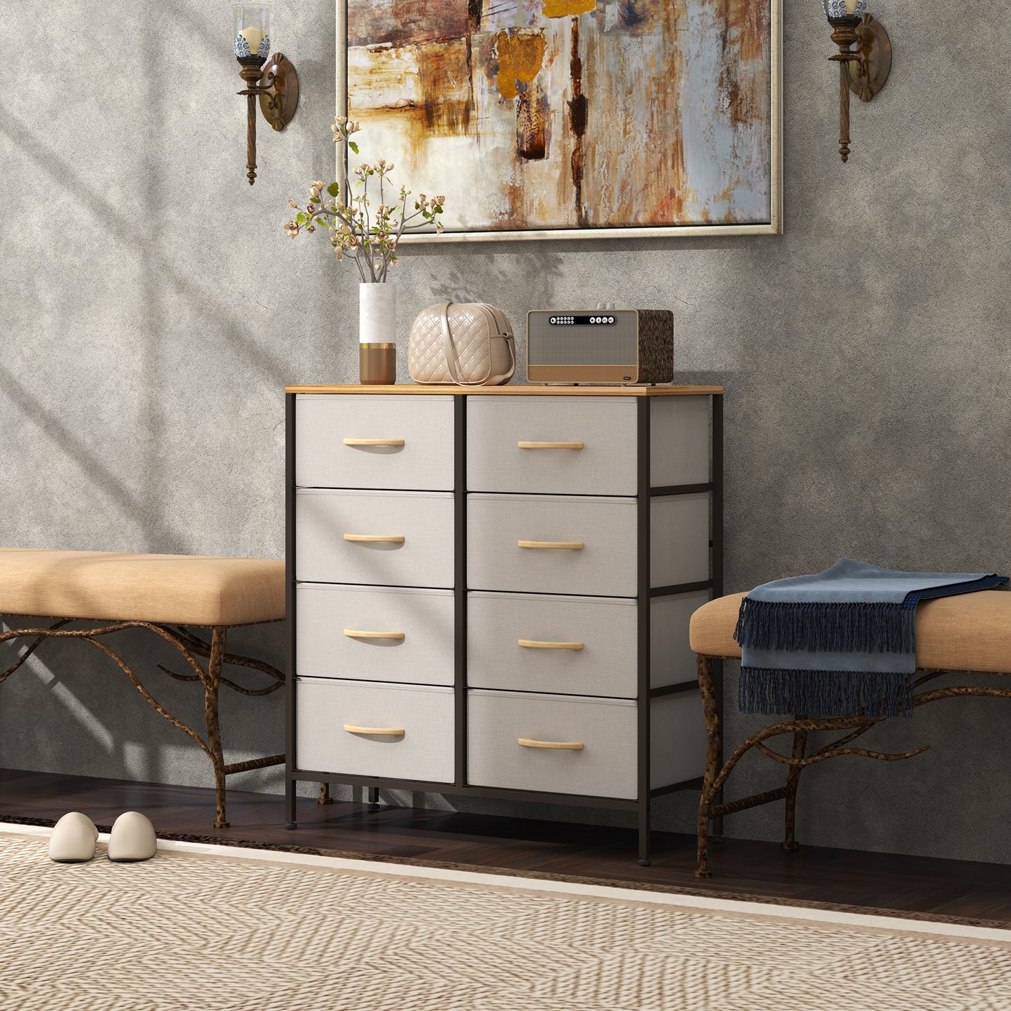 HOMCOM Fabric Chest Of Drawers With 8 Fabric Drawers Steel Frame And Wooden Top Cream White For Nursery