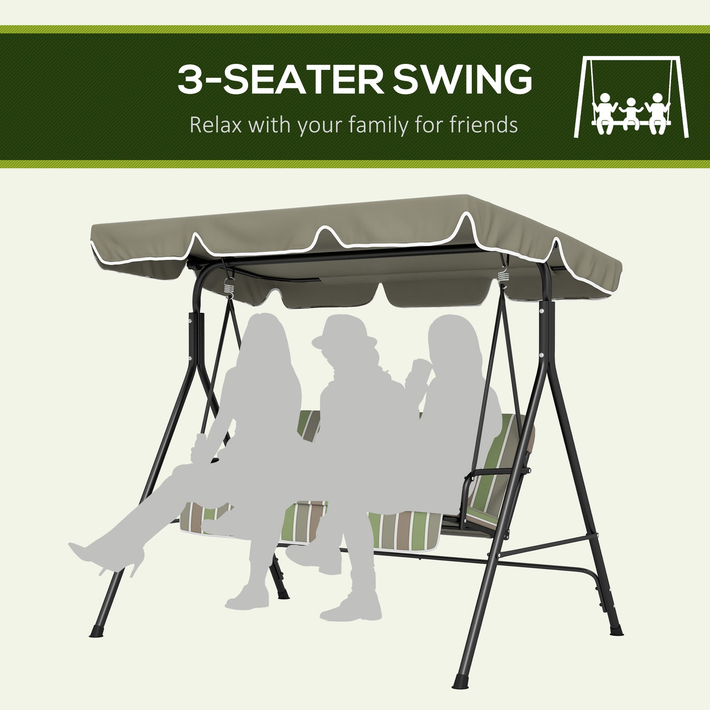 Outsunny Three Seater Garden Swing Chair With Adjustable Canopy And Padded Seat For Outdoor Patio Green