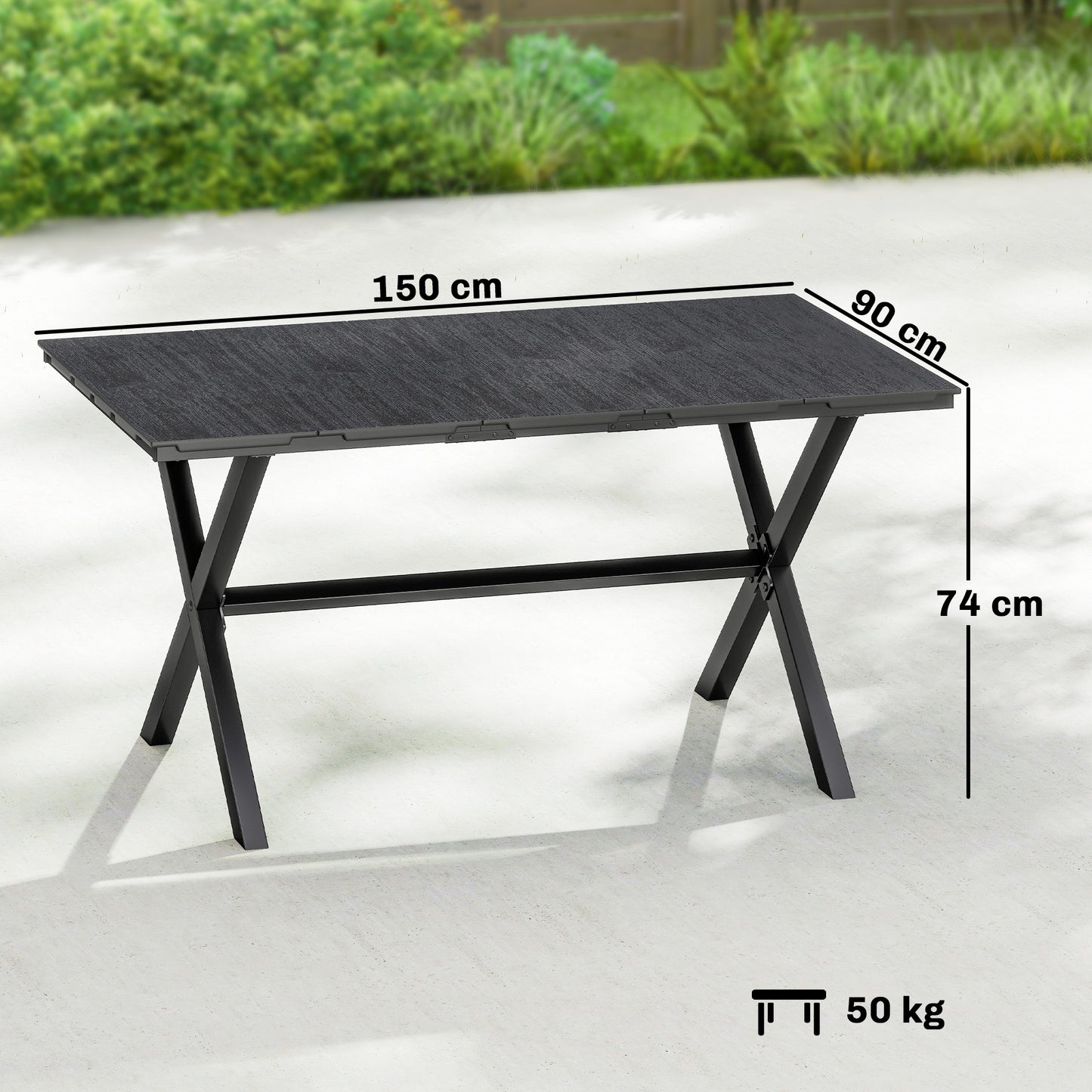 Outsunny Garden Dining Table for 6 with Wood Effect HDPE Top and X Shaped Metal Legs Black