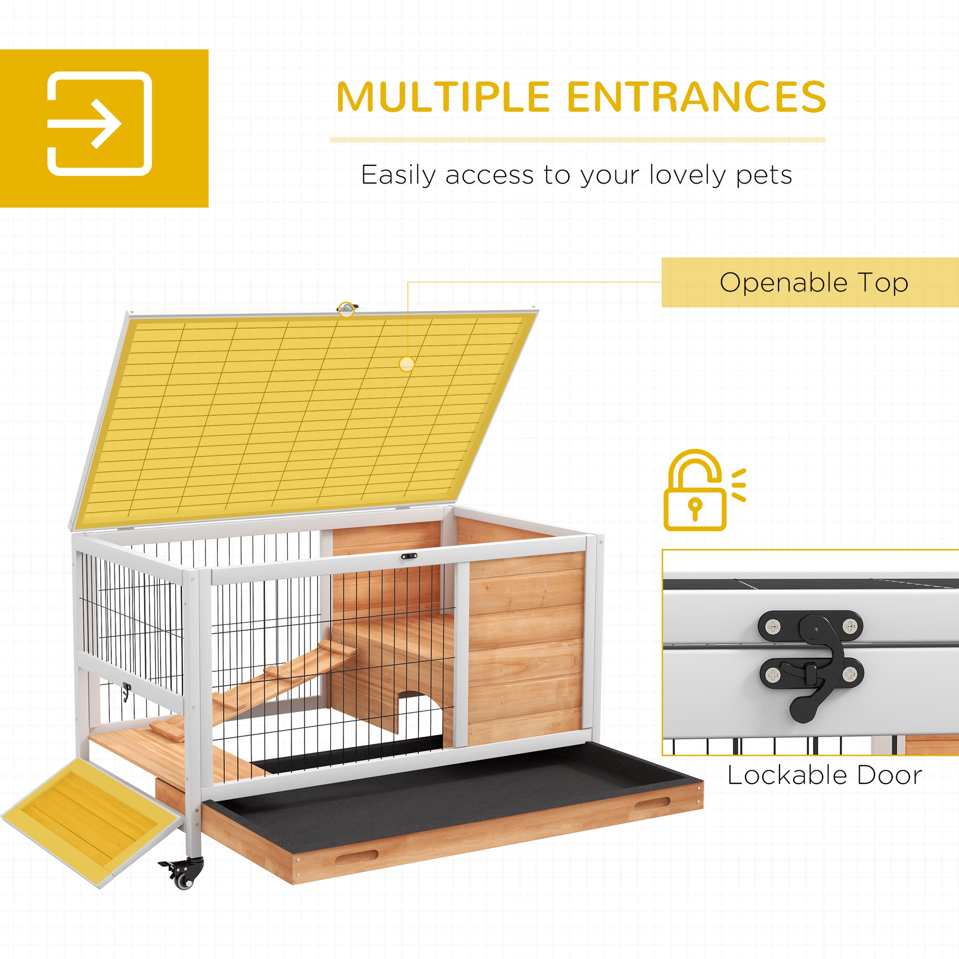 PawHut Two-Tiered Yellow Wooden Rabbit Hutch with Enclosed Run - ALL4U RETAILER LTD