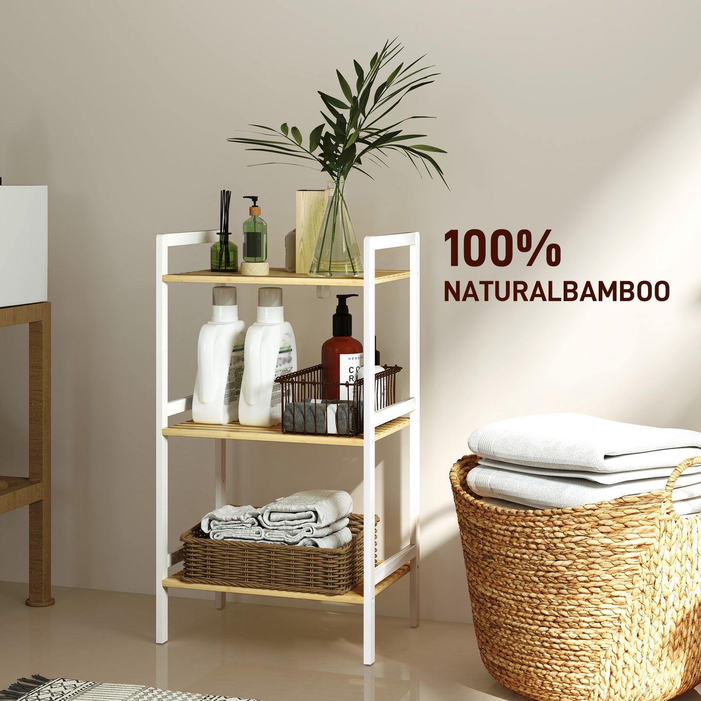 HOMCOM Bamboo Bathroom Shelf Storage Unit With Three Tier Design And Five Adjustable Levels