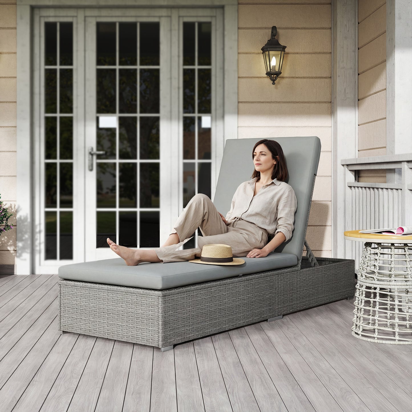 Outsunny Rattan Sun Lounger Five Position Reclining Garden Lounger With Cushion Light Grey