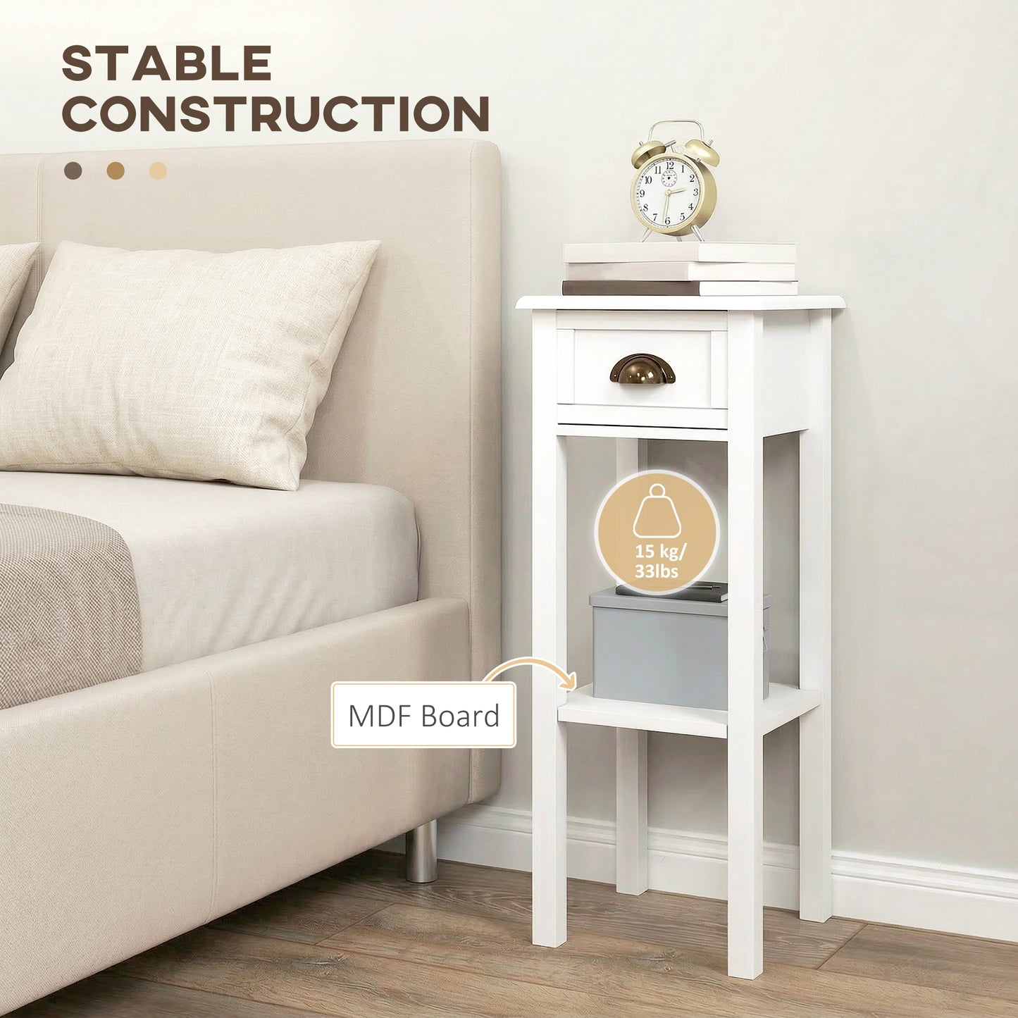 HOMCOM Two Tier Bedside Tables Set of Two with Drawer and Shelf White for Living Room and Hallway