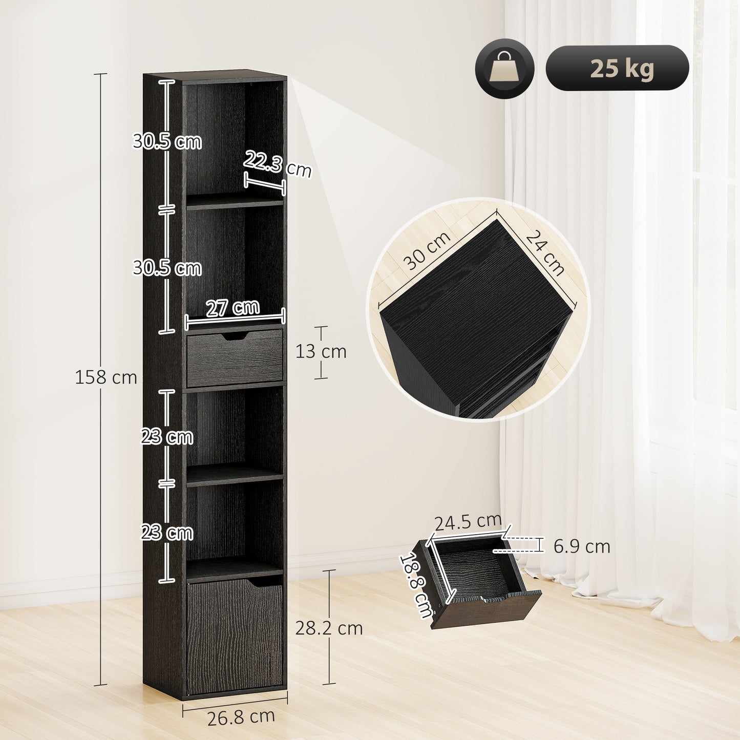 HOMCOM 6-Tier Tall Narrow Bookcase With Drawer And Door Black Finish Perfect For Small Living Rooms