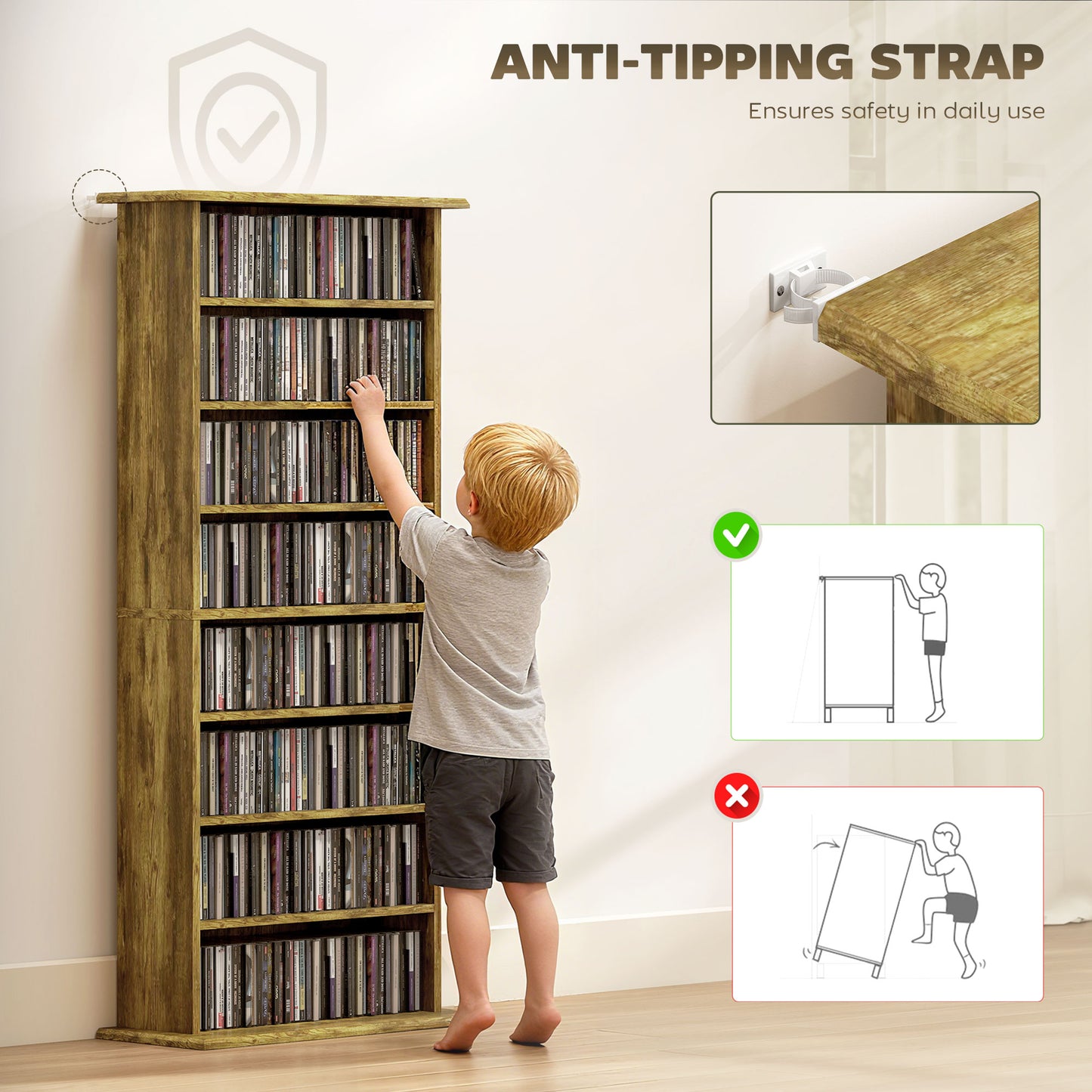 HOMCOM 360 CD DVD Blu Ray Storage Unit Rustic Brown With 8 Shelves 6 Adjustable Anti Tipping Wall Straps