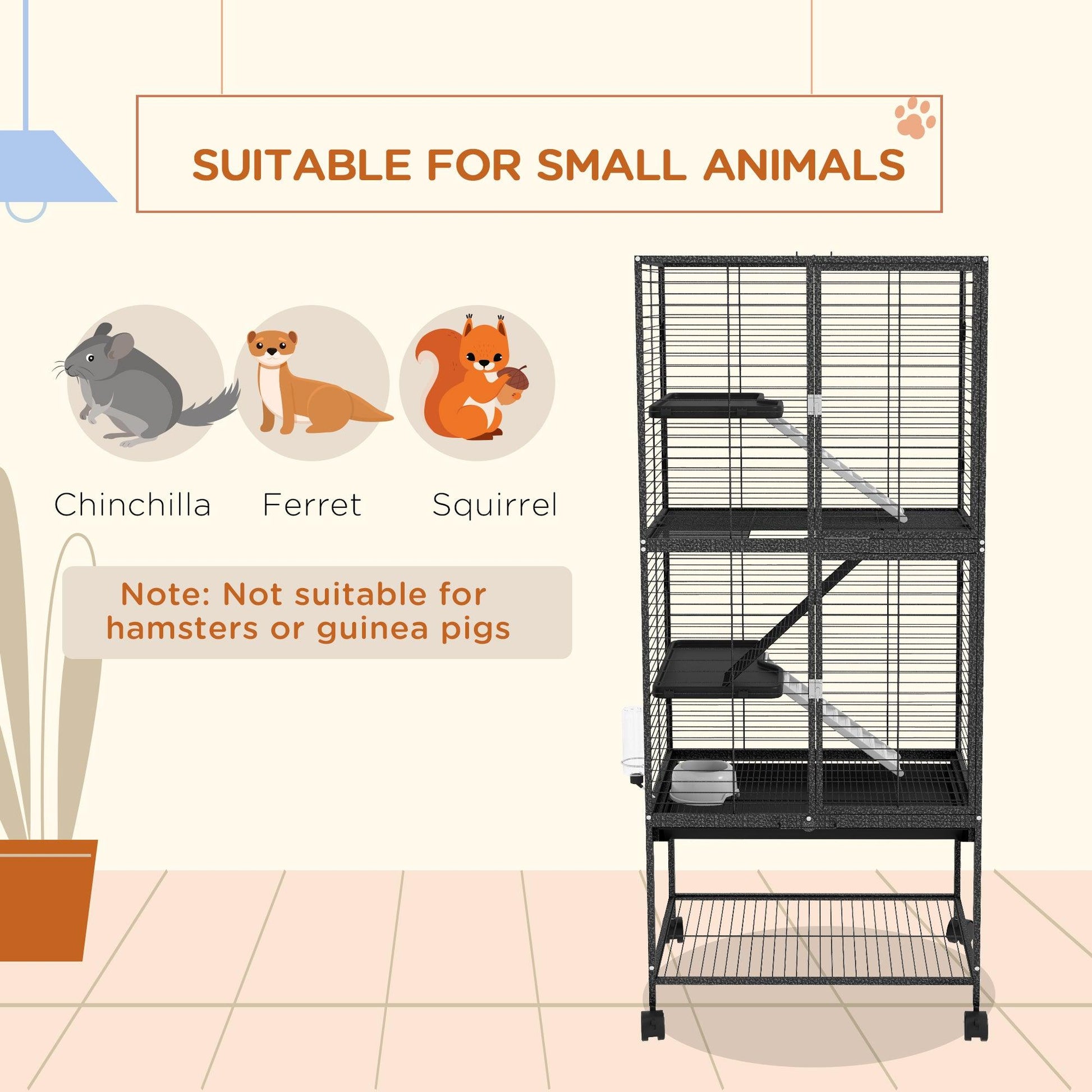 PawHut Rolling Chinchilla Cage, Small Animal Cage for Ferrets w/ Three Doors, Storage, Shelf, Tray Tray, Bowl, Water Bottle - ALL4U RETAILER LTD