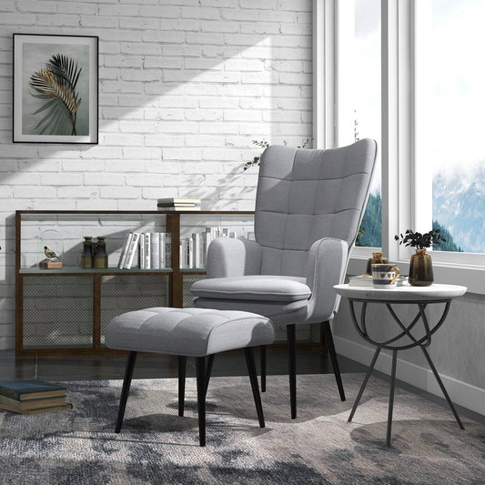 HOMCOM Living Room Chair with Footstool and Steel Legs, Light Grey - ALL4U RETAILER LTD