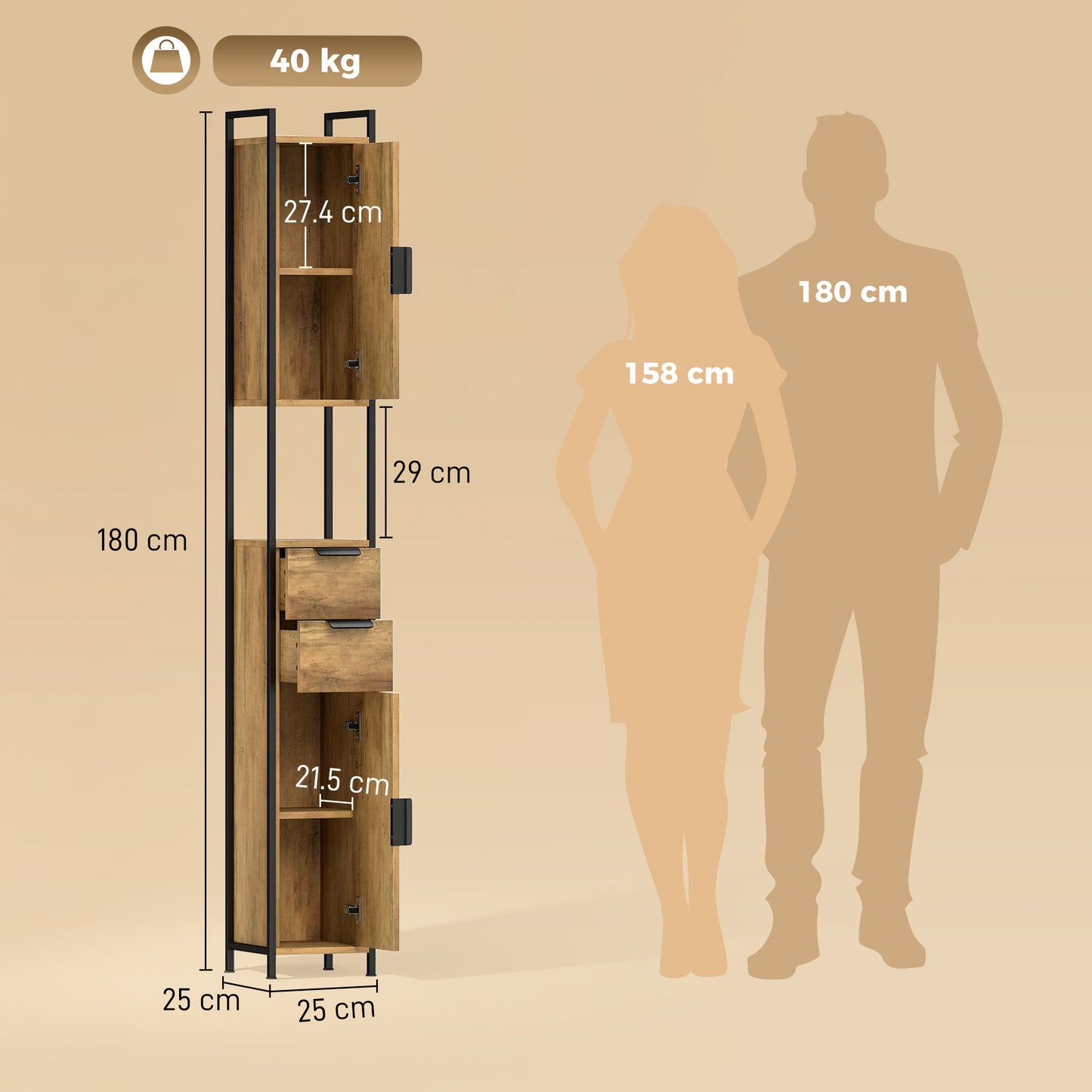 HOMCOM Tall Slim Freestanding Bathroom Cabinet With Drawers And Shelves Linen Storage Brown