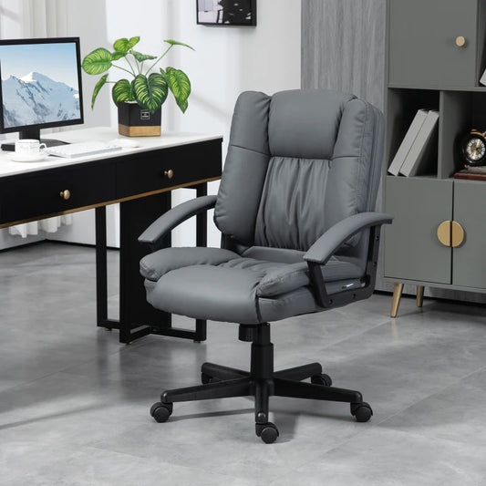 HOMCOM Office Chair - Faux Leather Computer Desk Chair, Mid Back Executive Chair with Adjustable Height and Swivel Rolling Wheels for Home Study - Dark Grey
