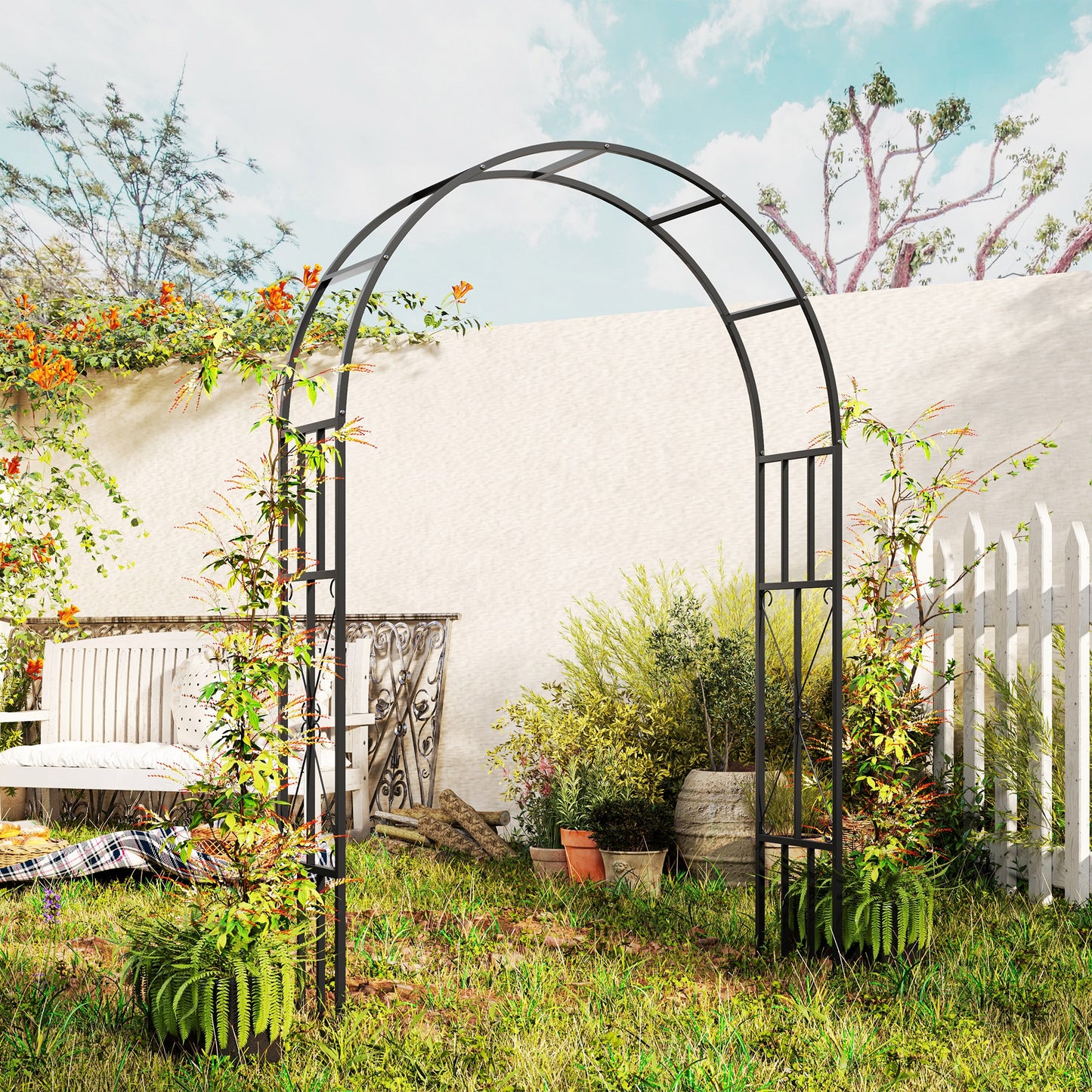 Outsunny Steel Garden Arch 2.2m High 1.5m Trellis For Climbing Roses Wisteria Vines Outdoor Wedding Arch Black