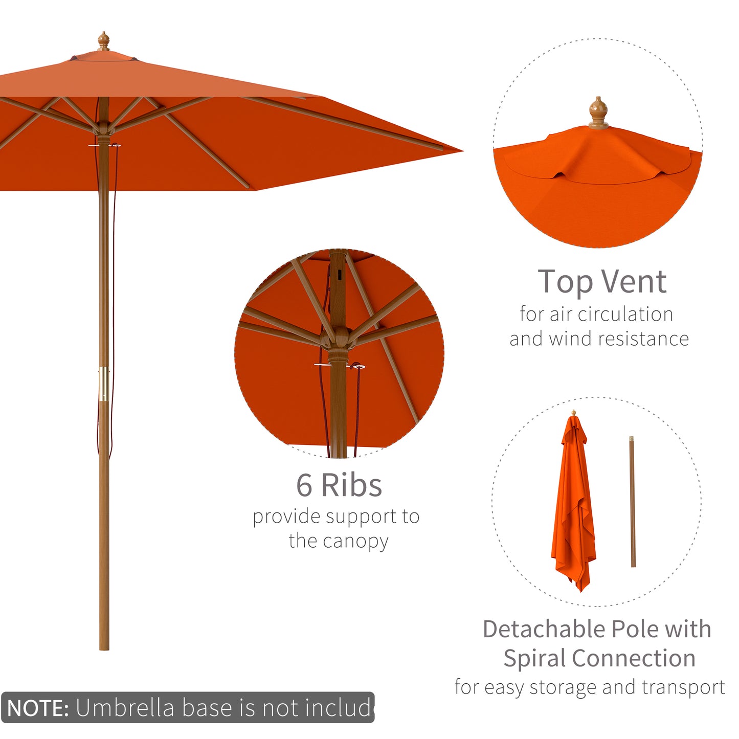 Outsunny 2.5m Wood Garden Parasol Sun Shade Patio Umbrella With Vent And Rope Pulley Mechanism 38mm Pole Orange