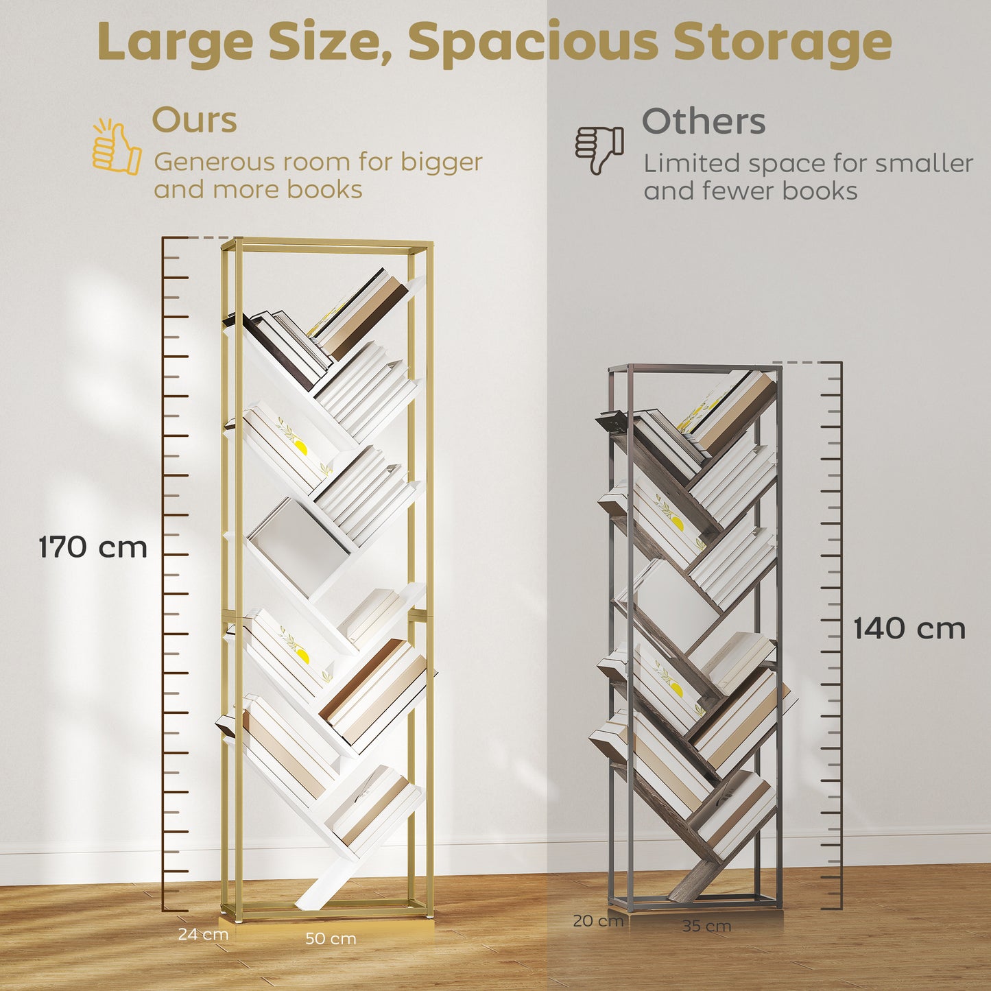 HOMCOM 10 Shelf Modern Style Tree Bookshelf Gold Tone White Tall 170 cm Space Saving Floor Standing