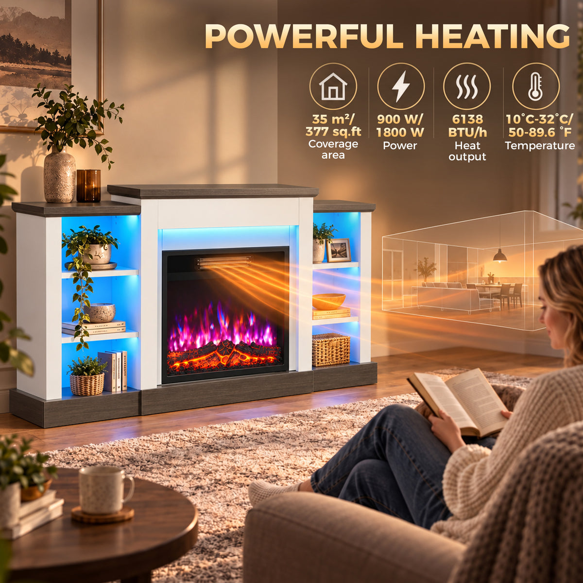 Electric fireplace TV stand with RGB LED shelves and heating flame, for cozy living rooms