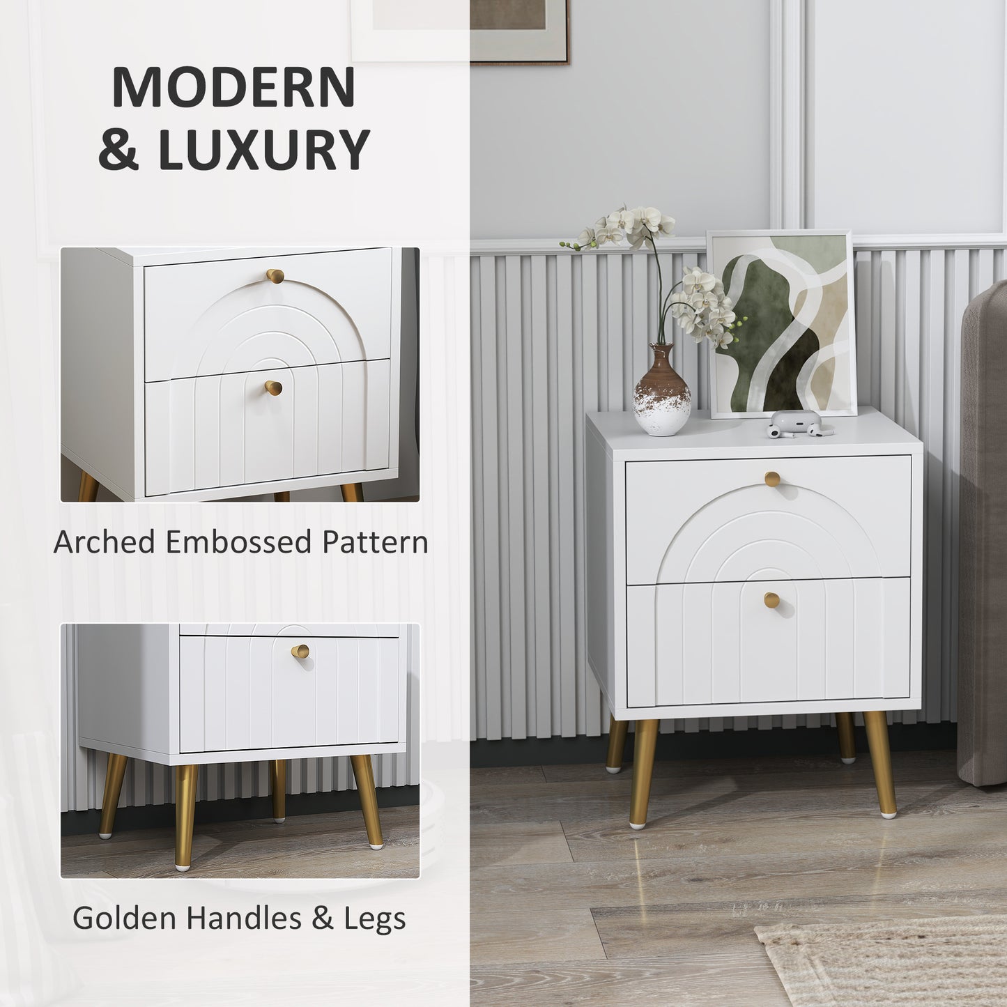 HOMCOM 2 Drawer Bedside Table Set of 2 White Nightstands With Gold Tone Pulls and Legs