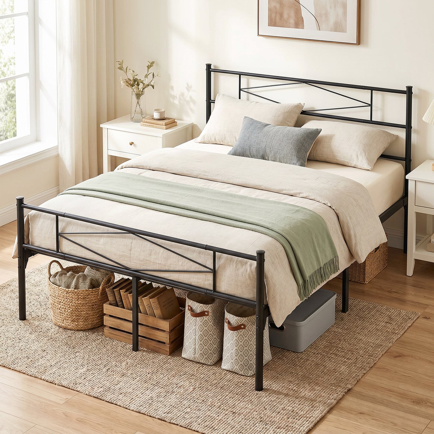 HOMCOM 4Ft6 Double Bed Frame With Headboard And Footboard, Metal Platform Bed Frame With 32 Cm Underbed Storage, Black