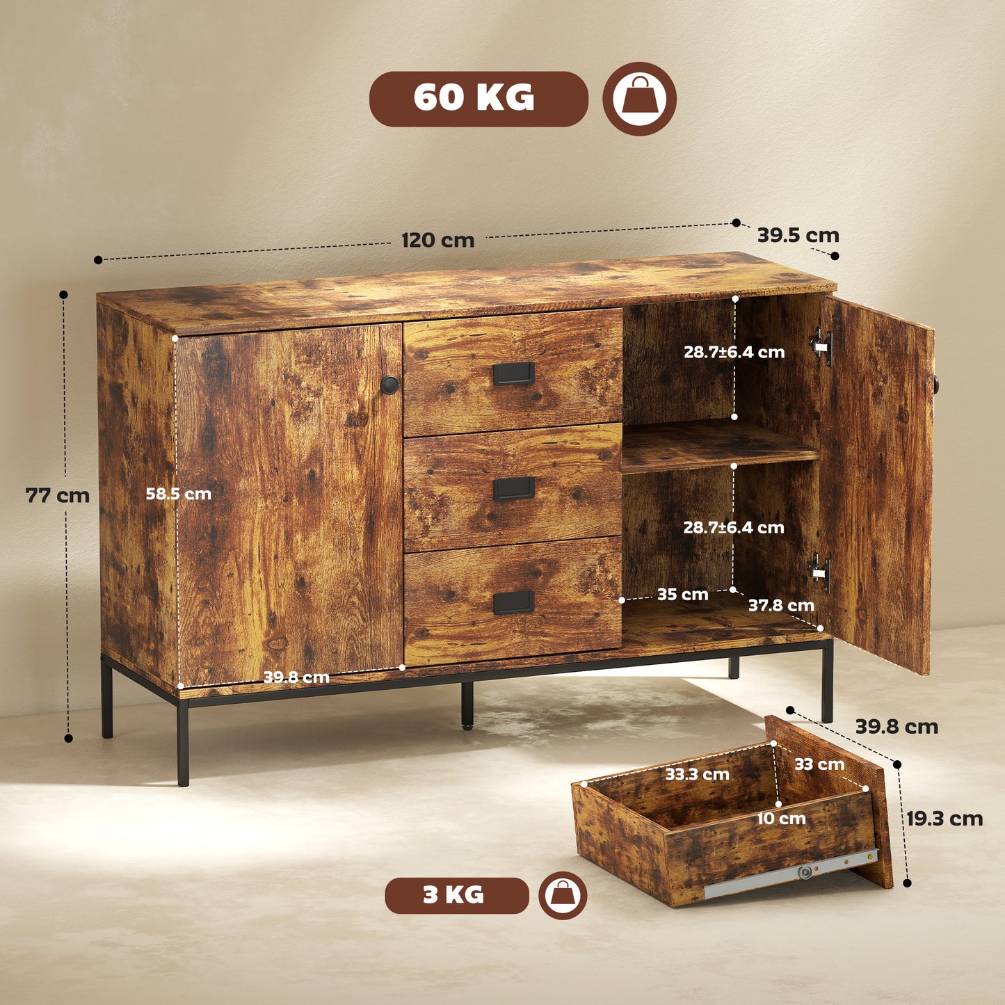 HOMCOM Modern Rustic Brown Sideboard With Storage Cabinets Three Drawers And Adjustable Shelves