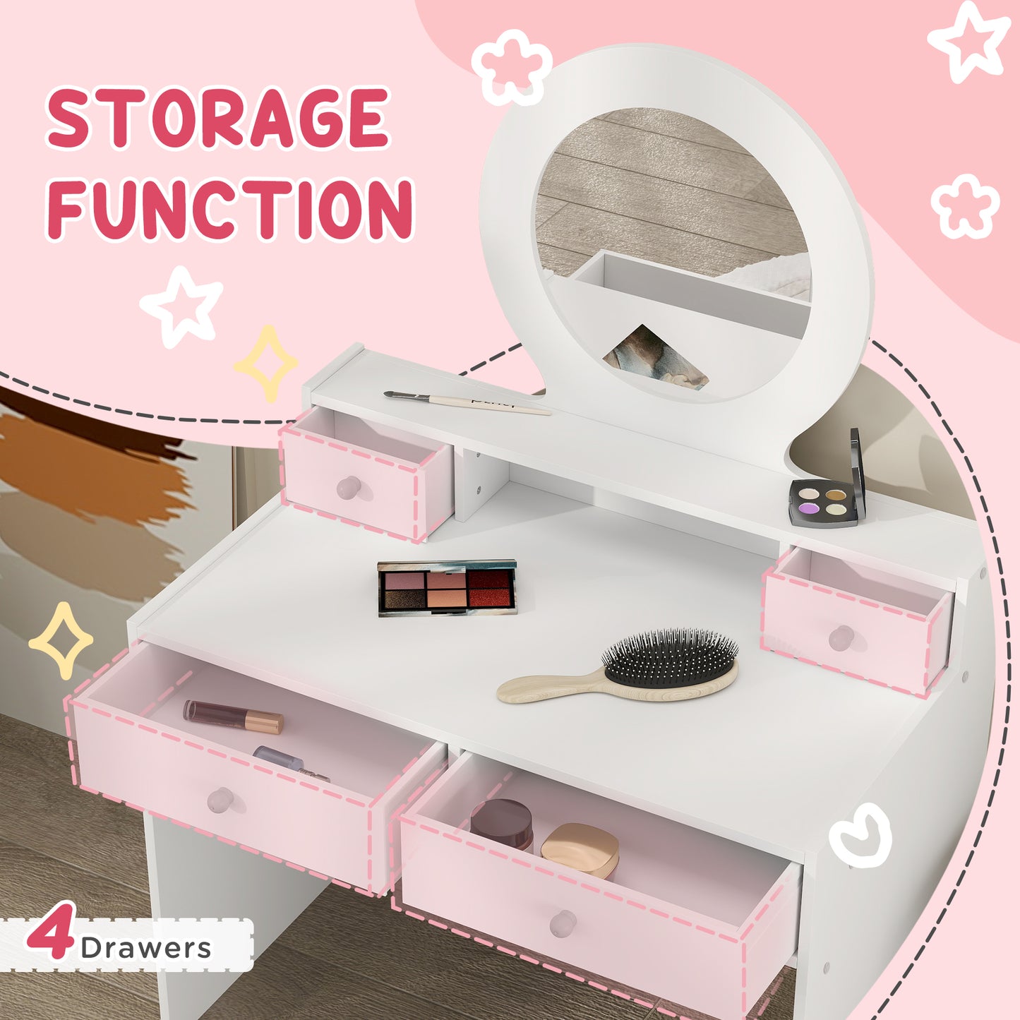 Aiyaplay Kids Dressing Table Set With Stool And Mirror Vanity Table With Storage Drawers Ideal Gift For Ages 3 To 8