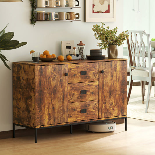 HOMCOM Modern Rustic Brown Sideboard With Storage Cabinets Three Drawers And Adjustable Shelves