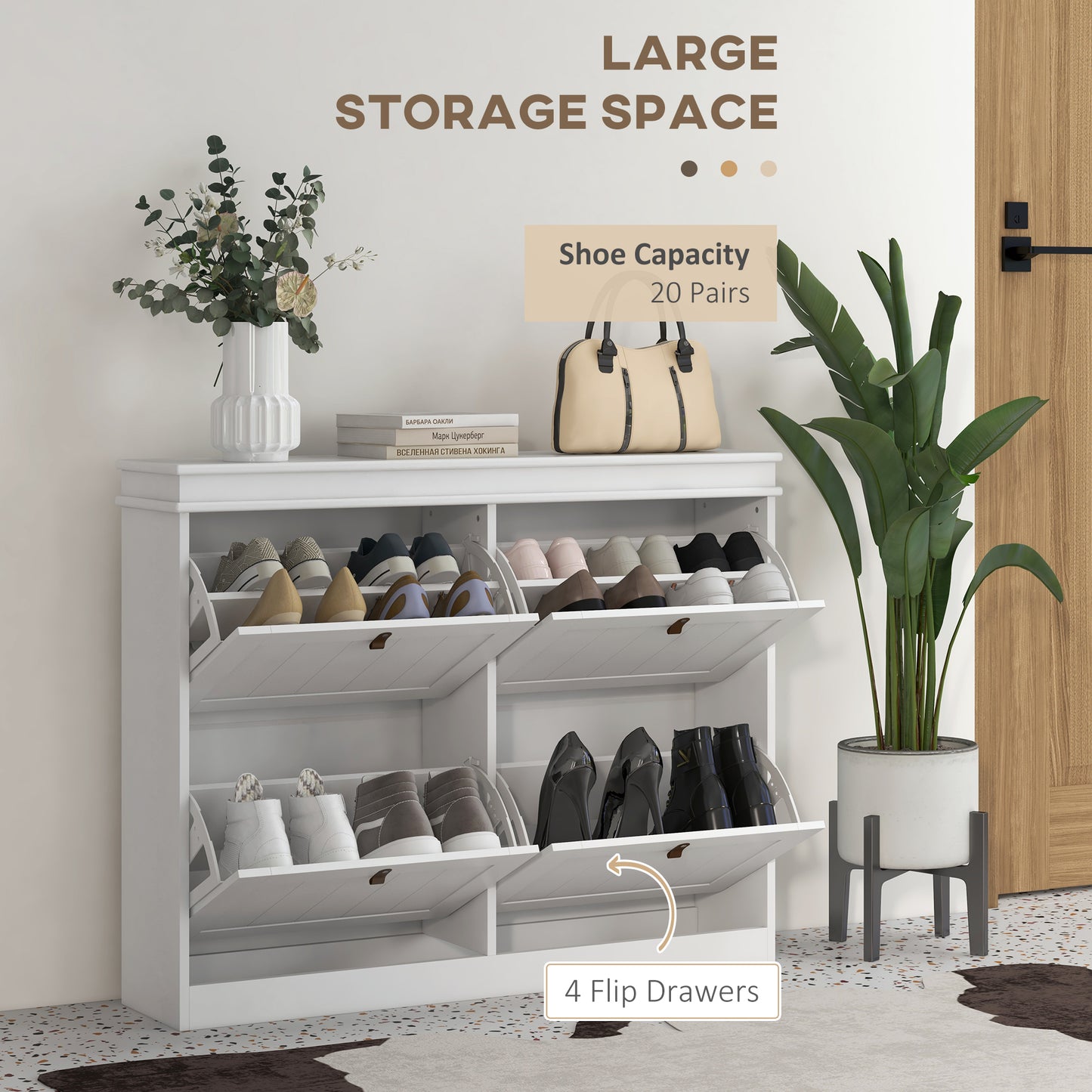 HOMCOM Slim Shoe Cabinet With Four Drop Down Doors Adjustable Shelves Anti Tip Design White